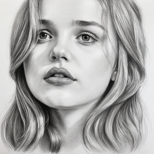 linea, A close-up portrait of a young woman with flowing hair, drawn in a highly detailed pencil sketch style. Her eyes are expressive, gazing thoughtfully to the side. The shading captures soft light falling across her face, with intricate cross-hatching for texture. Strands of hair are individually detailed, with natural flow and slight imperfections to mimic hand-drawn art. Grayscale shading emphasizes depth and highlights the natural beauty of pencil work