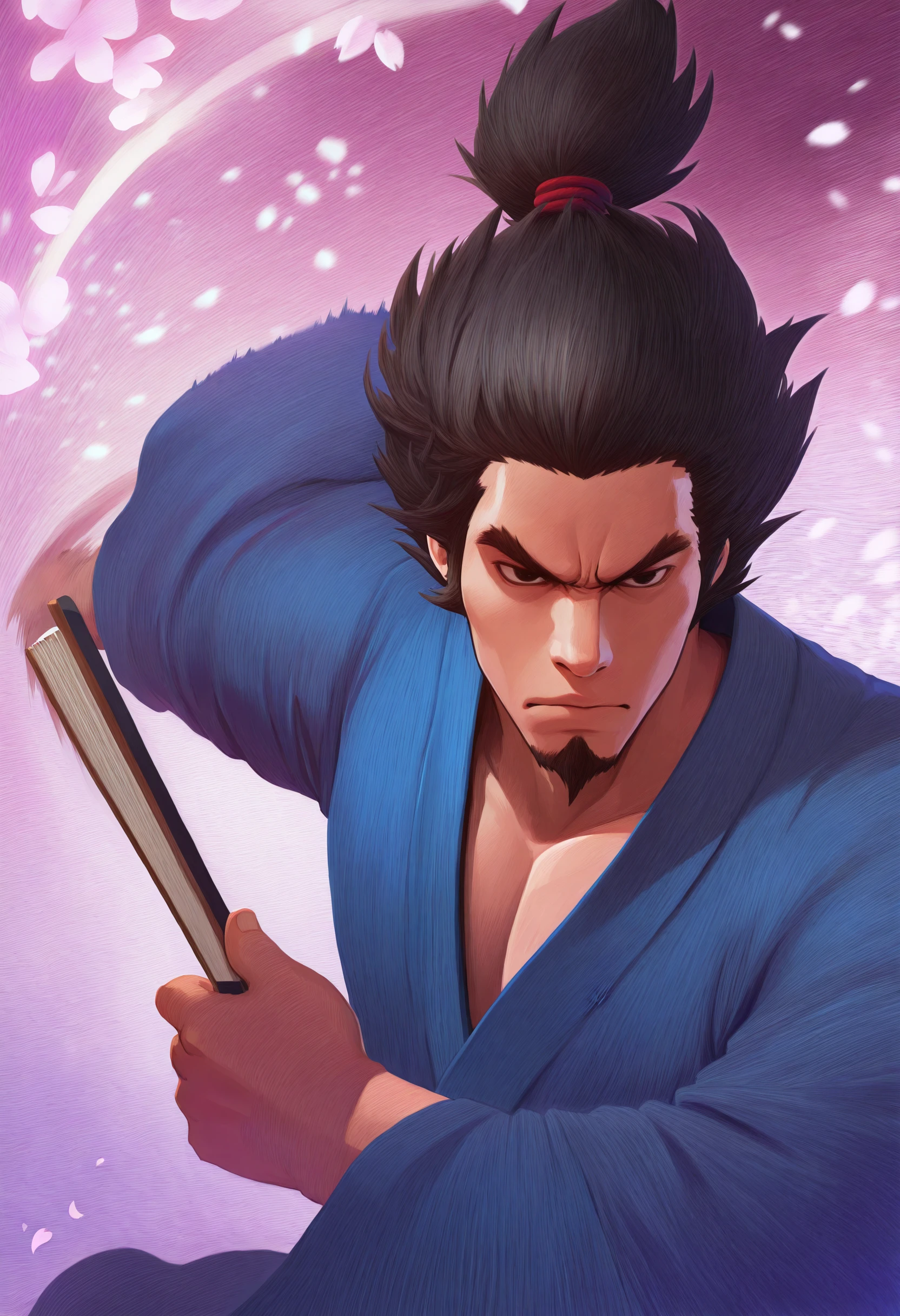 1boy, solo, blue kimono, holding fan, cherry blossoms, abstract background, long hair, hair tie, motion blur,
<lora:KazumaKiryu-guy90-Illust-LoraV1:1> kazryu, black eyes, goatee, black hair, short hair, facial hair,
masterpiece, best quality