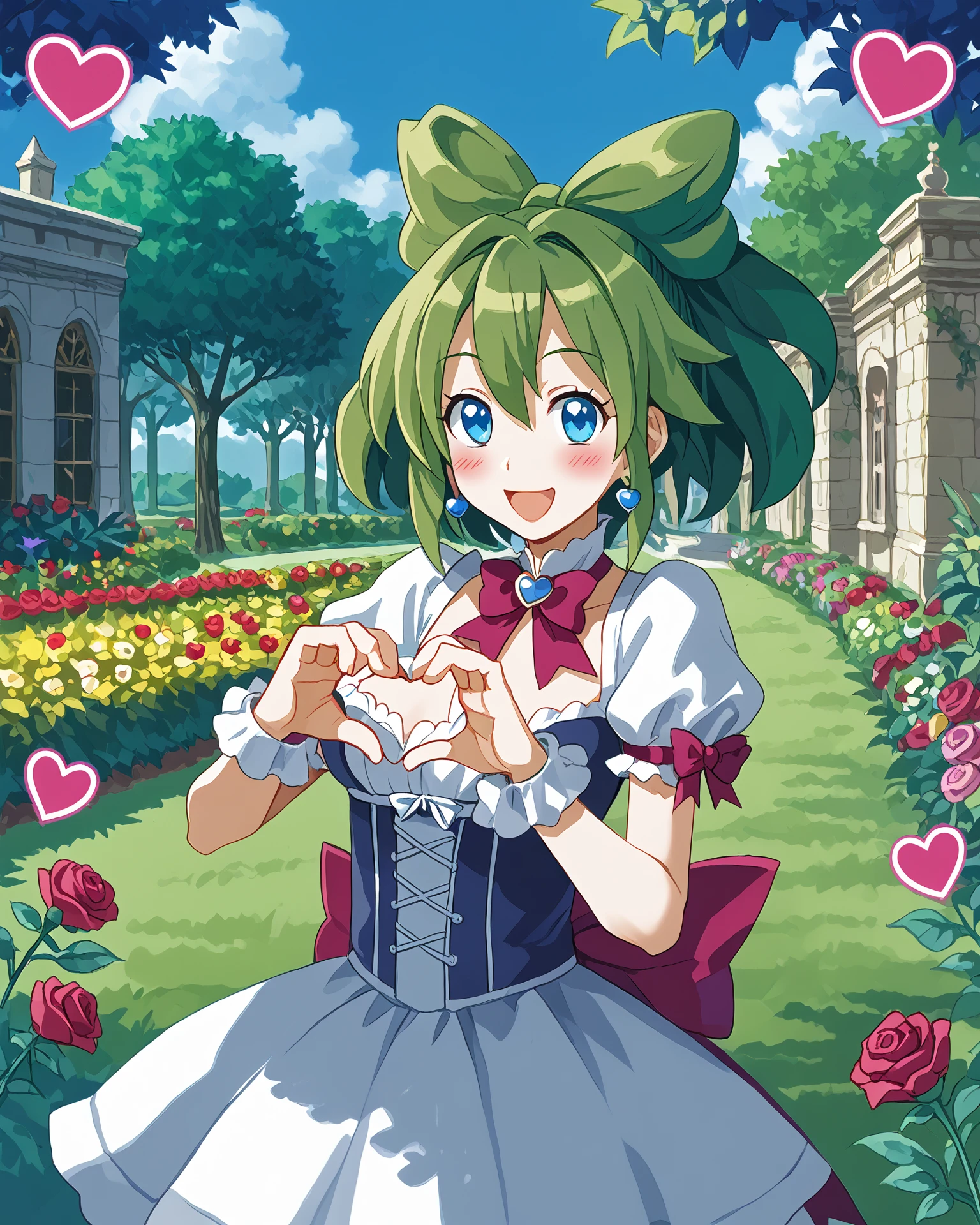 1girl, magal, green hair, blue eyes, heart hands,  wide stance, happy, ribbons, very detailed clothing, magal clothing, glittering roses, jacquard fabric, garden, rose bushes, masterpiece, highest quality, absurdres, digital art, very detailed, score_9, score_8_up, score_7_up,  <lora:MagicalGirl_XL:1.1>,  <lora:harada_takehito_PDXL:1> harada takehito