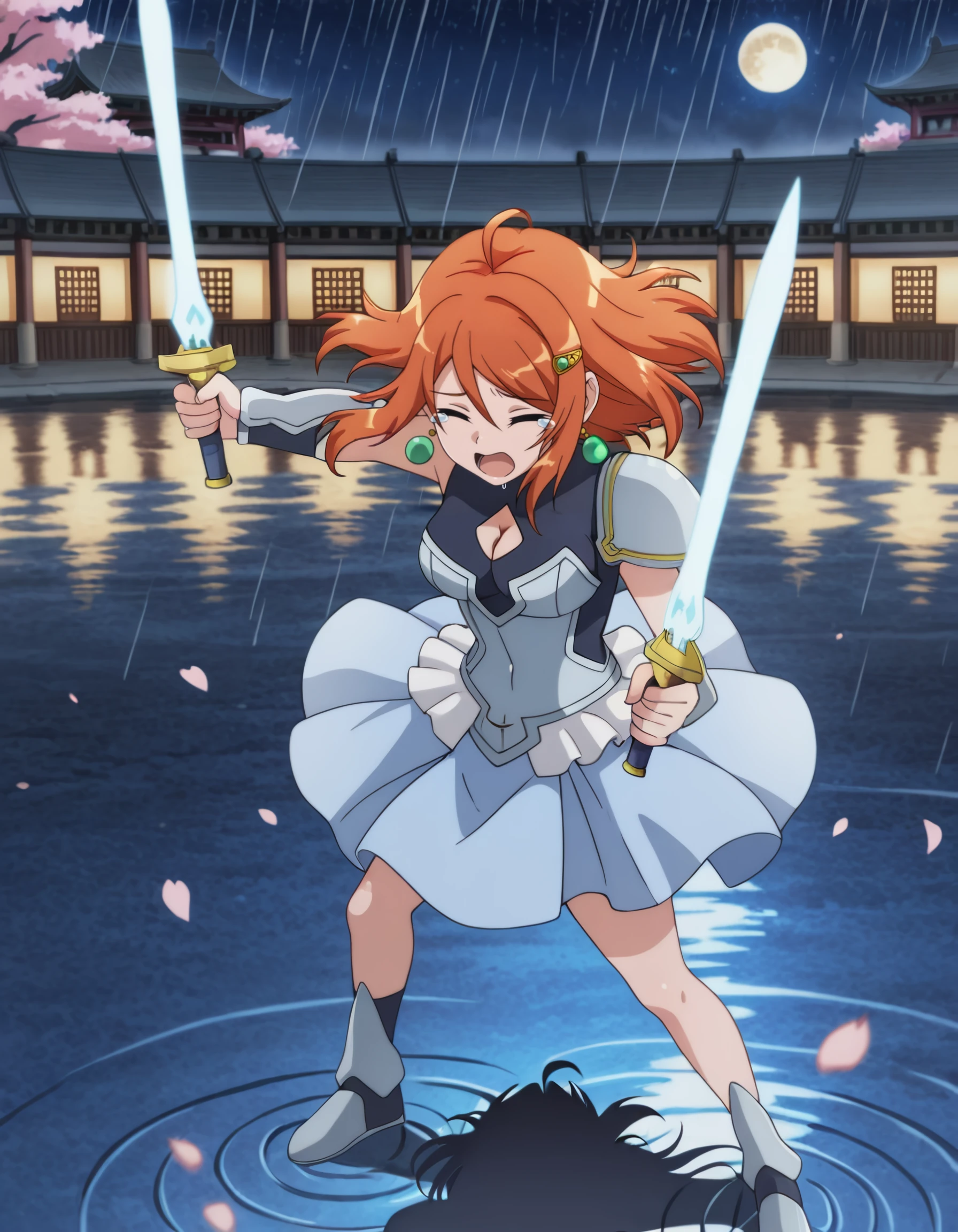 masterpiece, detailed, best_quality,  <lora:lorna_kirizas_il:1> lorna_kirizas, short_hair, orange_hair, brown_hair, ahoge, hair_ornament, hairclip, earrings, shoulder_armor, armor, cleavage_cutout, skirt,(wind, floating_hair, floating_clothes, shiny_skin, shiny_clothes) duel_wielding, glowing_weapon, (dark, shadow) light_particles, cherry_blossoms, falling_petals, outdoors, night, starry_sky,  east_asian_architecture, moon, moonlight, closed_eyes, closed_eyes, open_mouth, (head_back) tears, rain, water, ripples