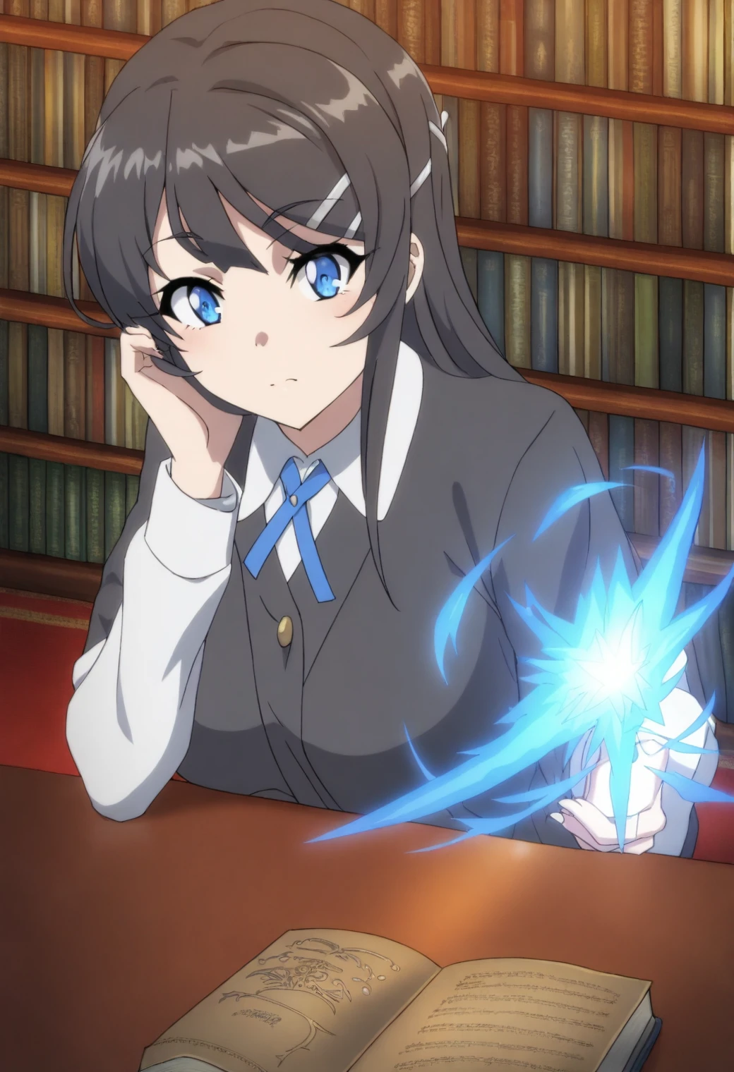 <lora:Mai Sakurajima - [Rascal Does Not Dream of Bunny Girl Senpai] - illustriousXL v1:1>, sysdeep_mai, blue eyes, black hair, long hair, hairclip, anime coloring, 1girl, solo, elegant outfit, grand library, open spellbook, glowing letters