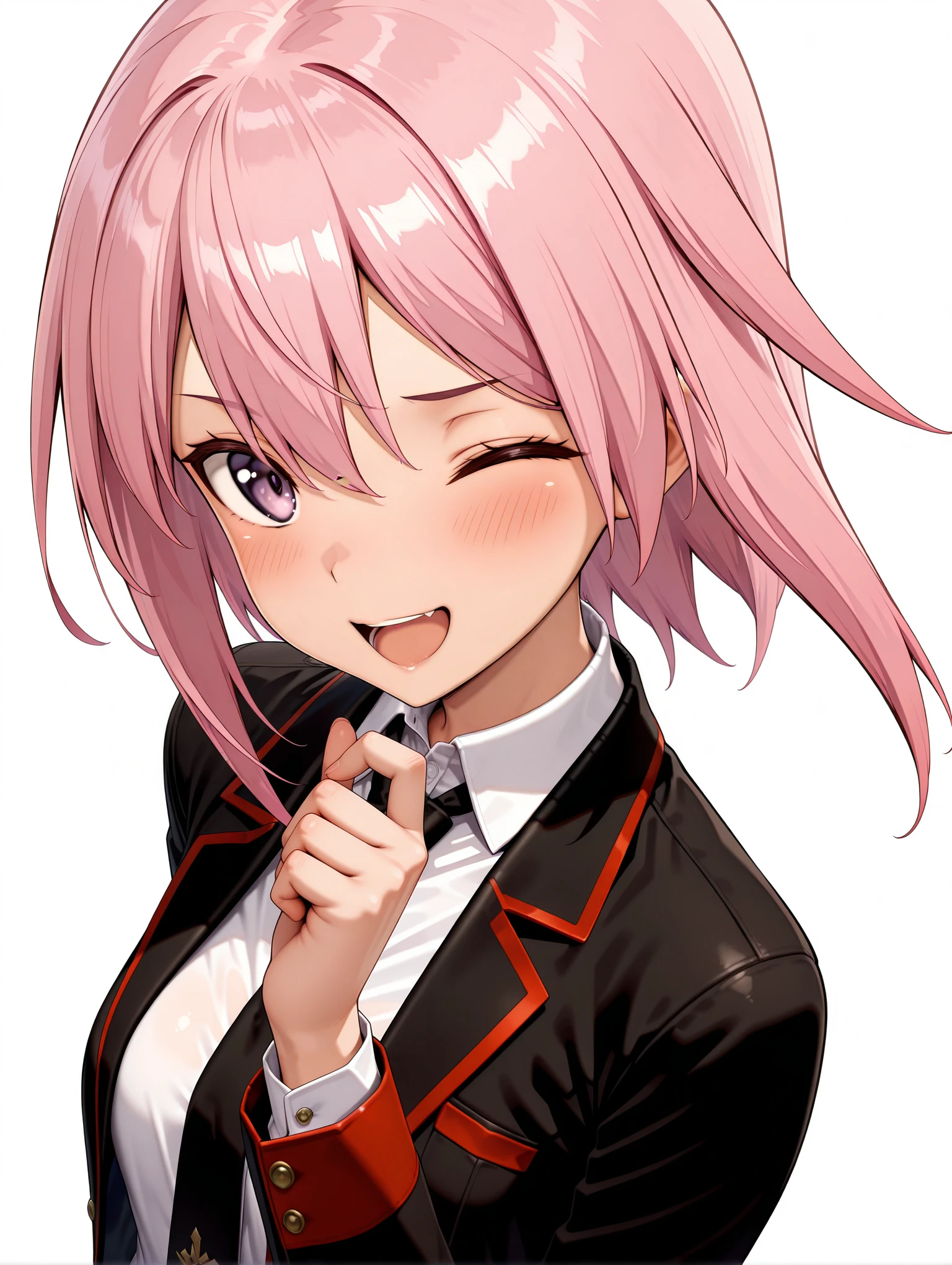masterpiece,best quality,amazing quality,
solo,1girl,
<lora:yotsuyu_ilxl_v1.1>,yotsuyu,ashihara_h,black jacket,open jacket,black necktie,untucked_shirt,
<lora:Fixhands_anime_bdsqlsz_V1:1>,looking_at_viewer,upper_body,face_focus,dynamic_angle,cinematic_angle,finger to own chin,laughing,light_blush,one eye closed,white_background,simple_background,profile,
