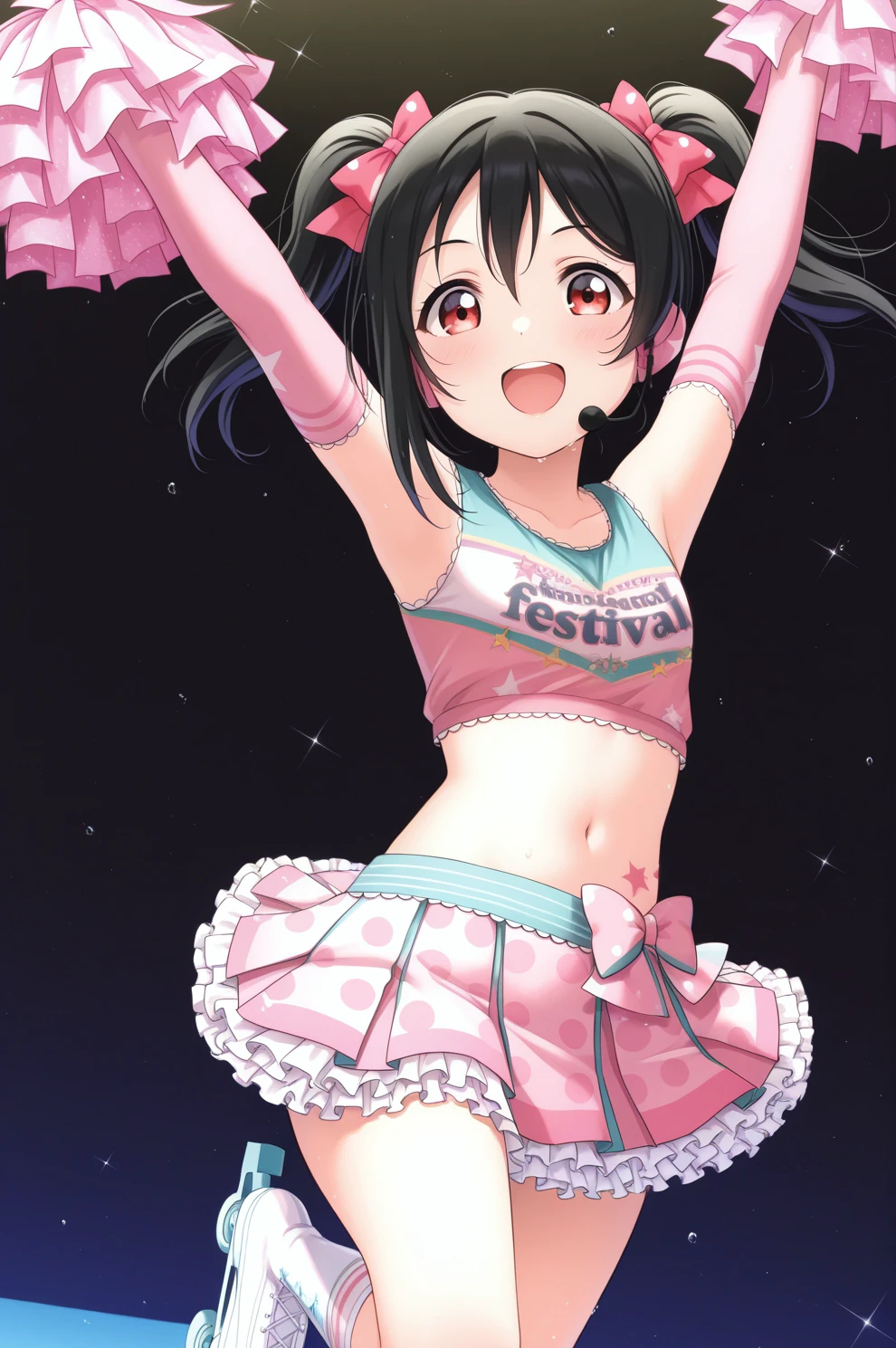 <lora:sifcheer:1>, sifcheer outfit, 1girl, elbow gloves, kneehighs, crop top, yazawa nico, twintails, pink outfit, polka dot skirt, pink gloves, skates, masterpiece, best quality