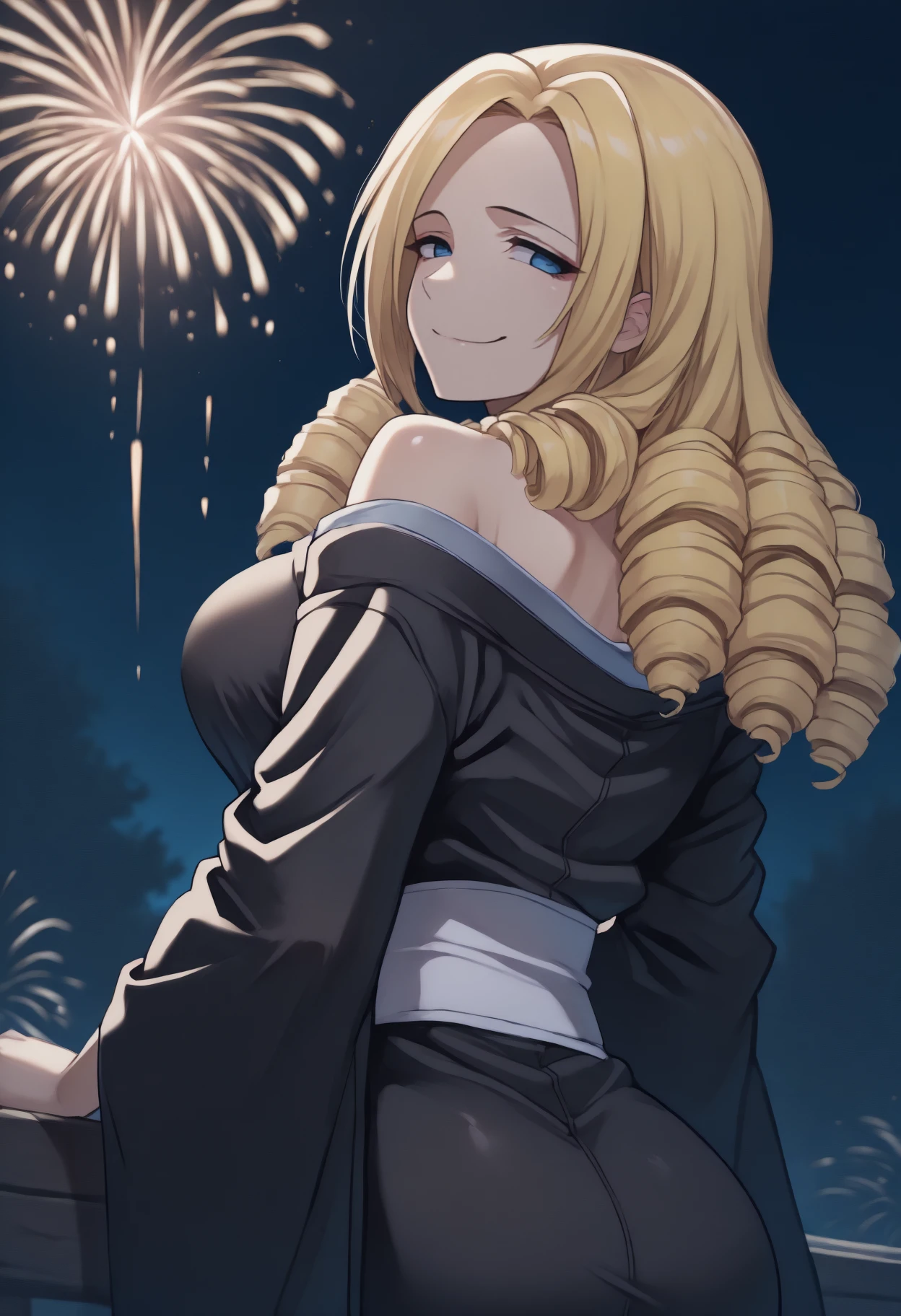 anime, masterpiece, best quality, from behind, solo, 1girl, solutionepsilon, smile, looking back, drill hair, ringlets, japanese clothes, black kimono, off shoulder, white sash, bare shoulders, outdoors, night, fireworks
<segment:yolo-Anzhc Face seg 640 v2 y8n.pt,0.4,0.5//cid=1>
