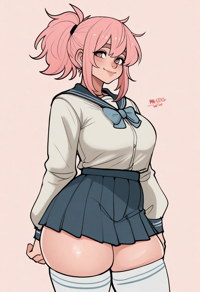  a beautiful sexy girl big breast beauty pink skin short pink hair disheveled her black eye yellow pupil she wears a white button-down shirt and a short dark blue skirt pair of white socks long black shoe