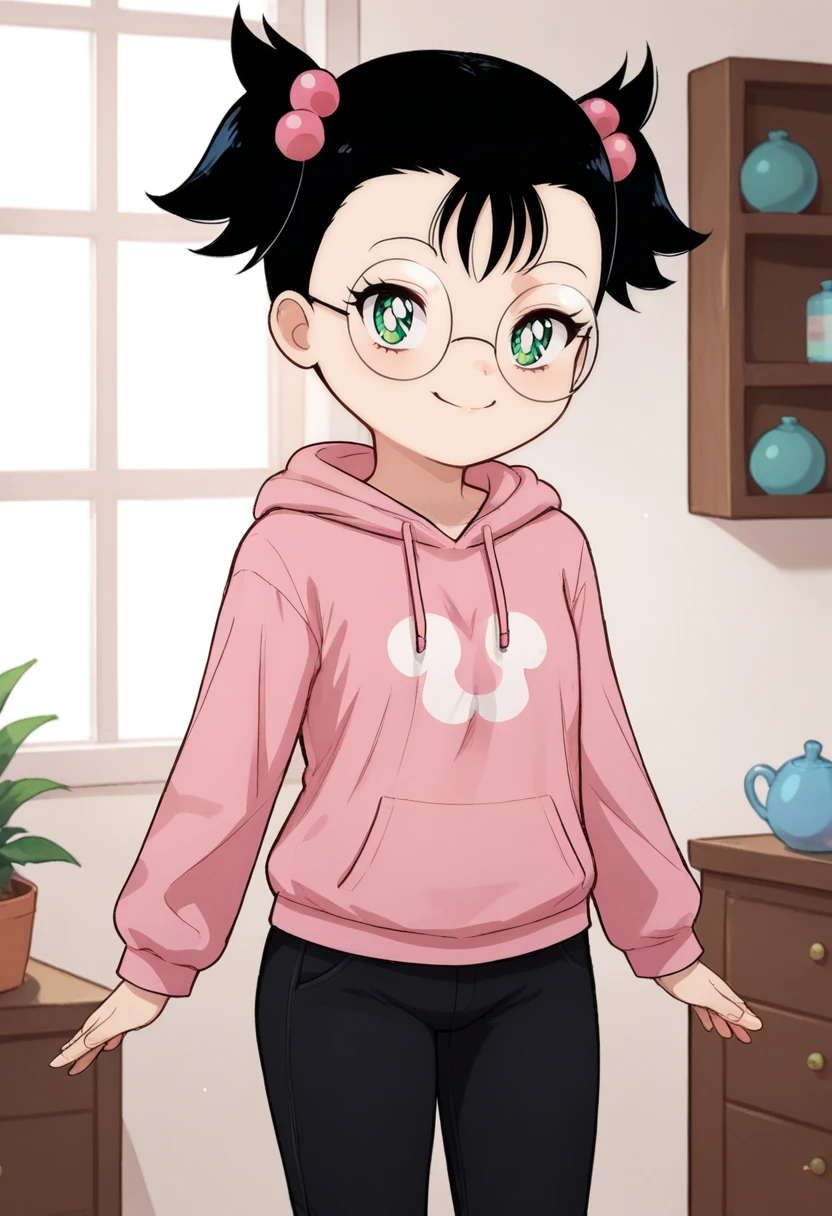 score_9, score_8_up, score_7_up, , <lora:add-detail-xl:3>,
BREAK
<lora:nina_therappy:0.8>, nina, black hair, twintails, hair bobbles, hair ornament, glasses, green eyes, pink hoodie, black pants,
BREAK
solo, indoors, standing, , ,
smug,