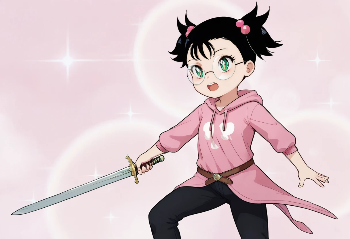 score_9, score_8_up, score_7_up, , <lora:add-detail-xl:3>,
BREAK
<lora:nina_therappy:0.8>, nina, black hair, twintails, hair bobbles, hair ornament, glasses, green eyes, pink hoodie, black pants, 
BREAK
solo, conquer pose, sword, holding sword, , ,
open mouth,