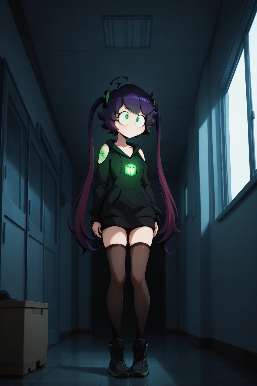 masterpiece, best quality, amazing quality, very aesthetic, absurdres, newest, scenery, SSCS,
ic0n, 1girl, solo, short purple hair, ahoge, long twintails, green eyes, black hoodie, glowing greent tattoos on shoulders, glowing green cube on chest, black thighhighs, black boots, standing, full body, indoors, living room, clear lighting,
masterpiece, best quality, amazing quality, very aesthetic, absurdres, newest, scenery