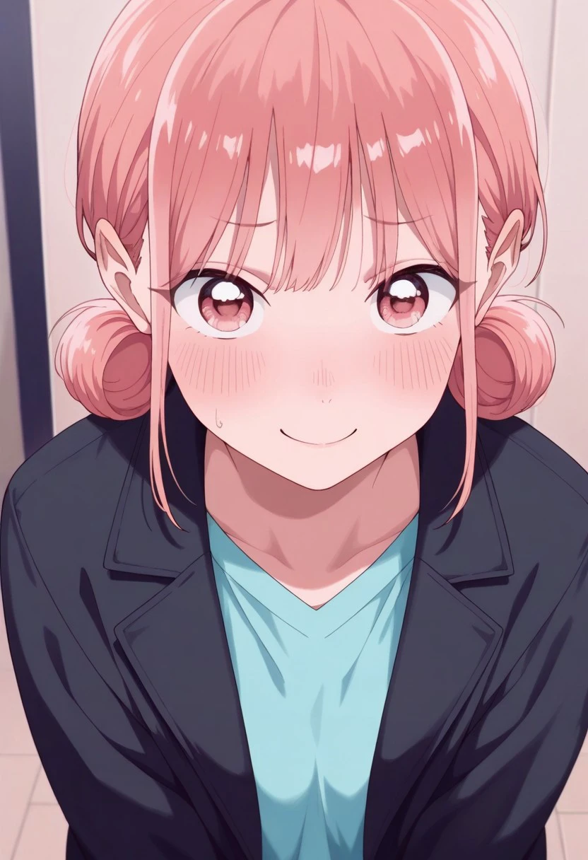 masterpiece,best quality,amazing quality, chono hina, pink hair, pink eyes, hair bun, 1girl, solo, jacket, upper body, looking at viewer, shirt, smile, blush, black jacket, blue shirt, sweatdrop, twintails