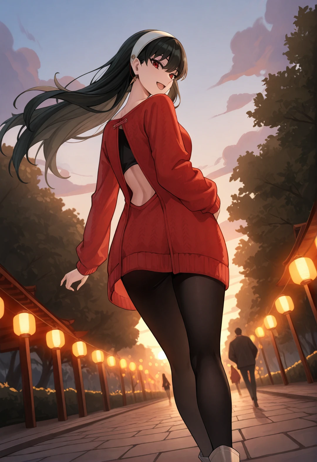 masterpiece, best quality, newest, absurdres, highres, Yor Forger, unique outfit, looking at viewer, cute, dutch tilt, cinematic, standing, smile, low angle, legs, facing away, walking, looking back, park, lanterns, festival, clouds, sunset, dark, warm light, open mouth
 <lora:Yor_Forger:0.8>