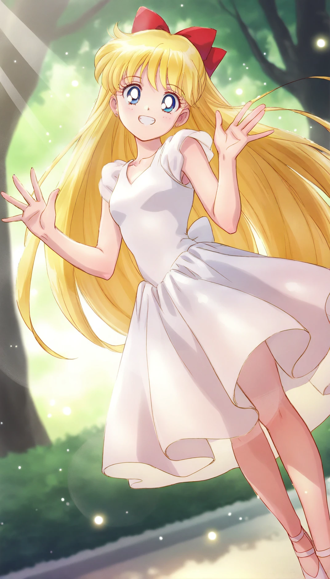 masterpiece,best quality,amazing quality,
<lora:ainominakoIL:1>,
ainominako,
1girl,solo,
blonde hair,long hair,bangs,red hair bow,golden earrings,
blue eyes,looking at viewer,grin,
white sundress,sleeveless,white bow on back,white ballet shoes,
waving hand,head tilt,
blurry background,depth of field,vignetting,soft lighting,light particles,
park,sunlight streaming through trees,