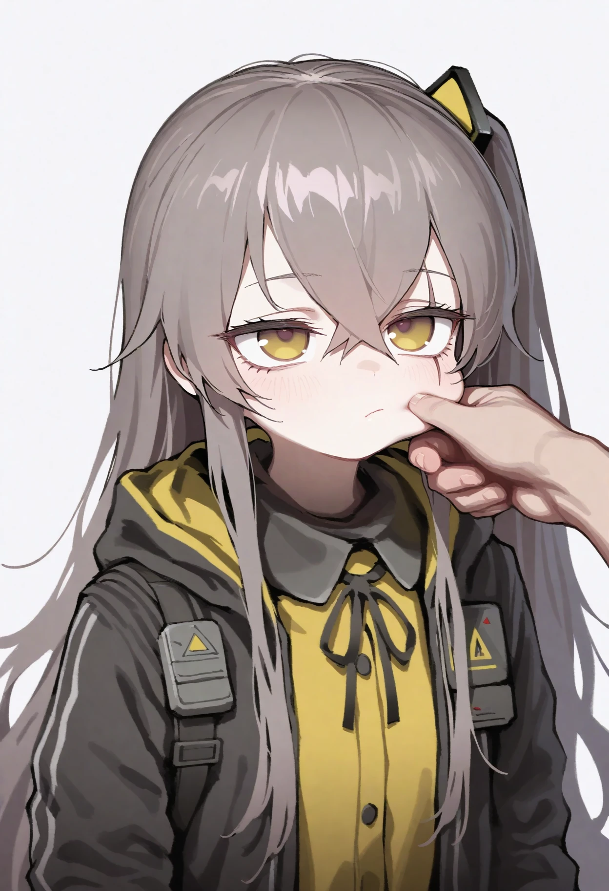 masterpiece, best quality, good quality, nikukyu,
ump45 \(girls' frontline\), 1girl, long hair, blush, simple background, shirt, brown hair, hair ornament, white background, ribbon, hair between eyes, closed mouth, jacket, upper body, yellow eyes, grey hair, solo focus, hood, black jacket, neck ribbon, black ribbon, one side up, scar, hooded jacket, scar on face, scar across eye, pinching, cheek pinching
<lora:ai_styles_collection_noob_vpred-1.0-v4.02:1>