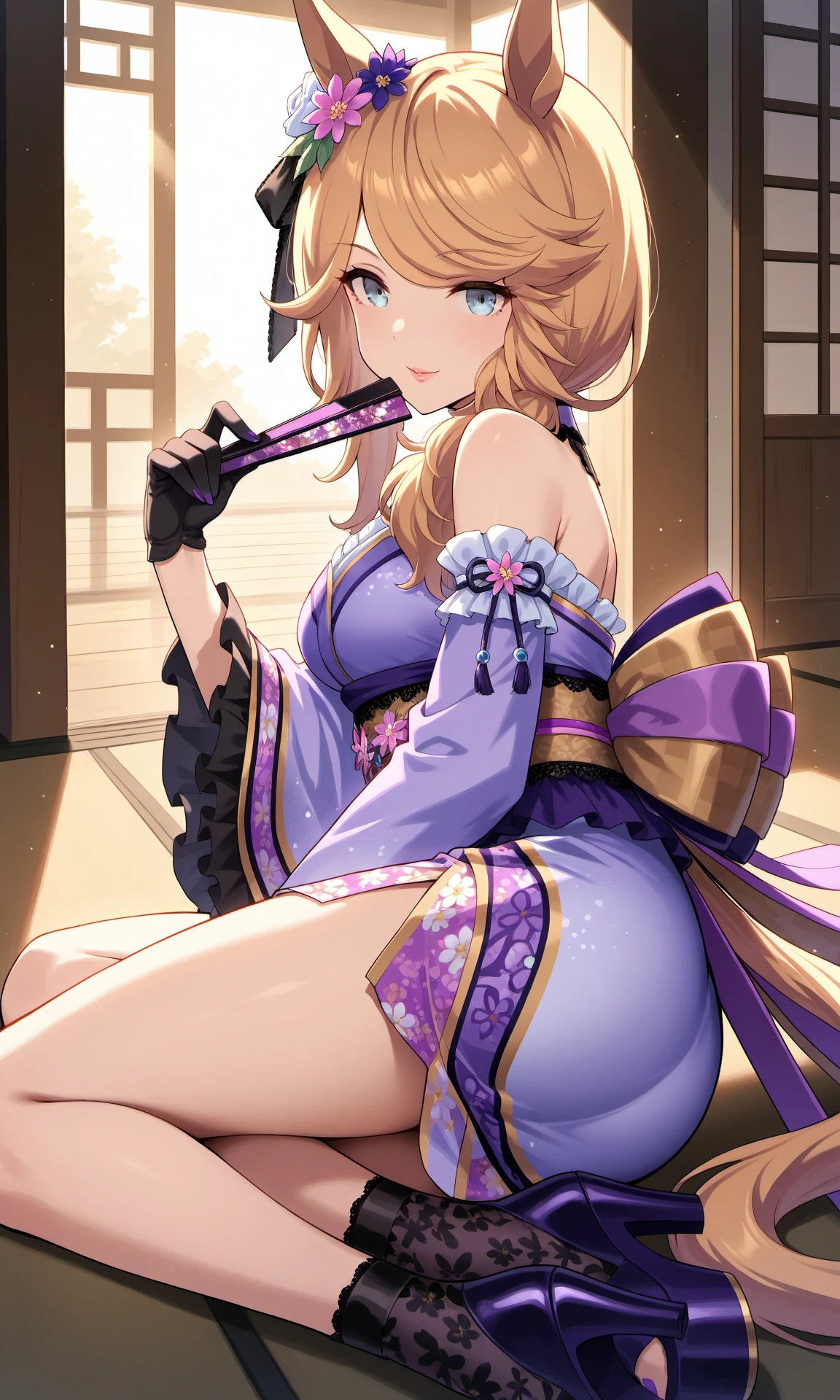 GCakizakura,horse girl,purple kimono,bare shoulders,ear flower,detached wide sleeves,sash,platform high heels,back bow,black gloves,purple toenail,folding fan,
light particles,lips,seductive smile,east asian architecture,
masterpiece,best quality,highres,absurdres,1girl,solo,umamusume,game cg,<lora:GoldCityILAkizakuraV1:1>,