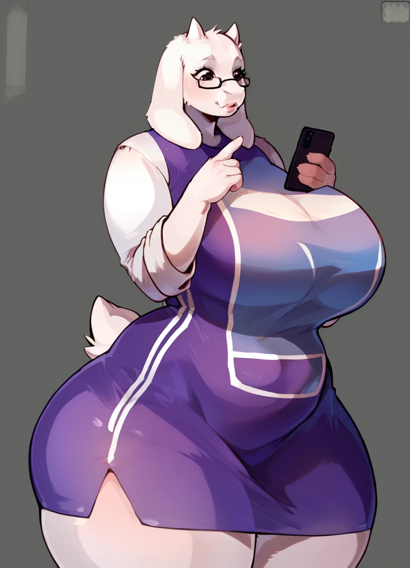 score_9, score_8_up, anthro, big breasts, breasts, cellphone, clothed, clothing, electronics, eyewear, female, fur, glasses, huge breasts, huge thighs, like button, phone, simple background, smartphone, solo, thick thighs, white body, white fur, wide hipped female, wide hips, toriel, bovid, caprine, goat, mammal<lora:petroverr:0.9>