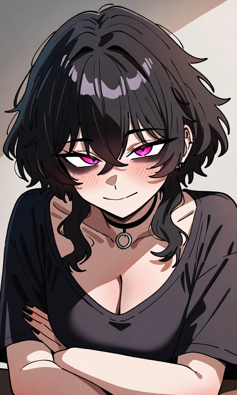 wolfcut, (fluffy hair), voluminous hair, wavy centerparted, wavy bangs, wavy hair, goth anime girl, short hair