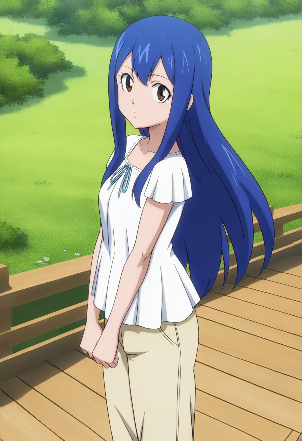 <lora:Wendy Marvell - [Fairy Tail] - illustriousXL v1:1>, sysdeep_wendy, long hair, blue hair, long hair, brown eyes, 1girl, solo, anime coloring, casual white blouse, khaki pants, standing on a wooden patio overlooking rolling hills,