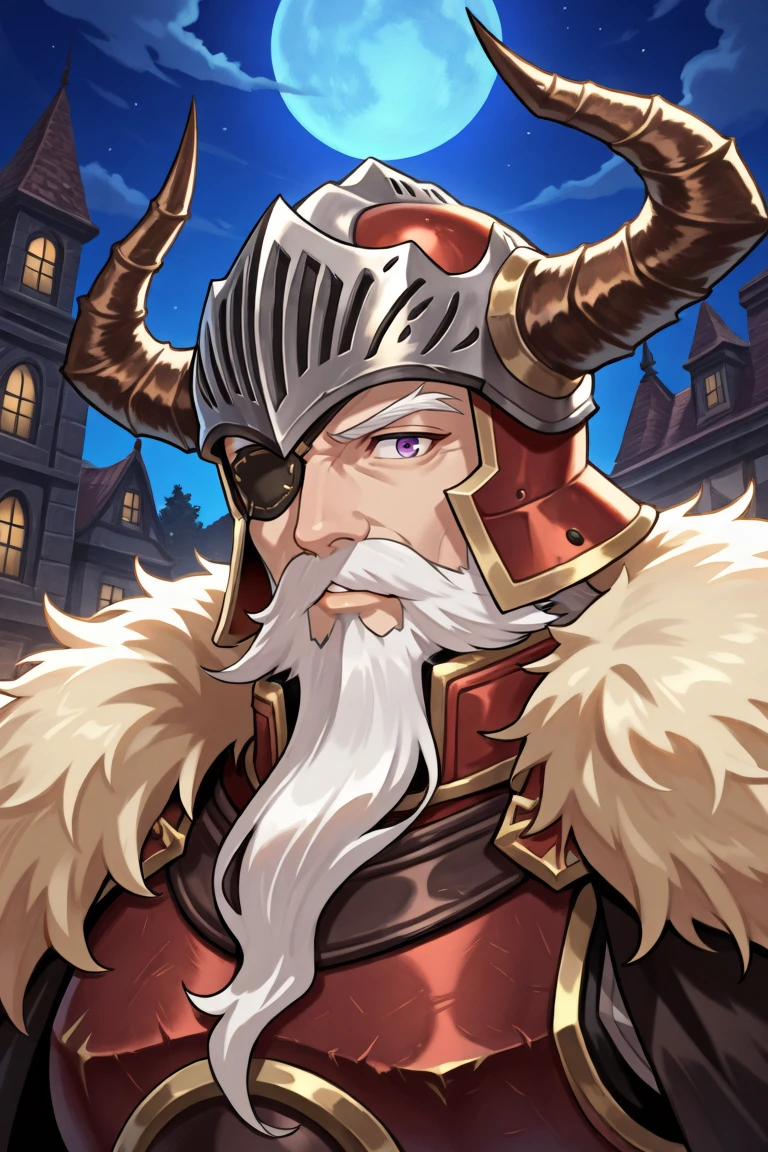 <lora:BaldusIL:0.8> , BldsDef, 1boy, one-eyed, eyepatch, purple eyes, white hair, beard, facial hair, mustache, horns, helmet, horned helmet, fake horns, armor, fur pauldrons, black cape, cape, old, old man, ((face, close-up, portrait)), night, exterior, looking at viewer, (solo), masterpiece, very aesthetic, absurdres, best quality, amazing quality, high resolution, detailed background,  <lora:illustrious_quality_modifiers_masterpieces_v1:0.8> ,