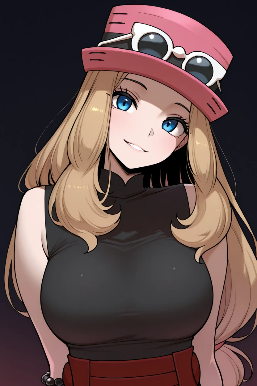 masterpiece, best quality, 1girl, solo, eyelashes, (beautiful eyes),   zzSerena, solo, long hair, blue eyes, eyewear on headwear, pink headwear, eyelashes, sleeveless shirt, black shirt, bracelet, high-waist skirt,   looking at viewer, smile, bangs, large breasts,  upper body, head tilt, <lora:SerenaPokemonIXL_v2:1.0>,  ,<lora:AhLyongLee_IXL_v1:1.0>,