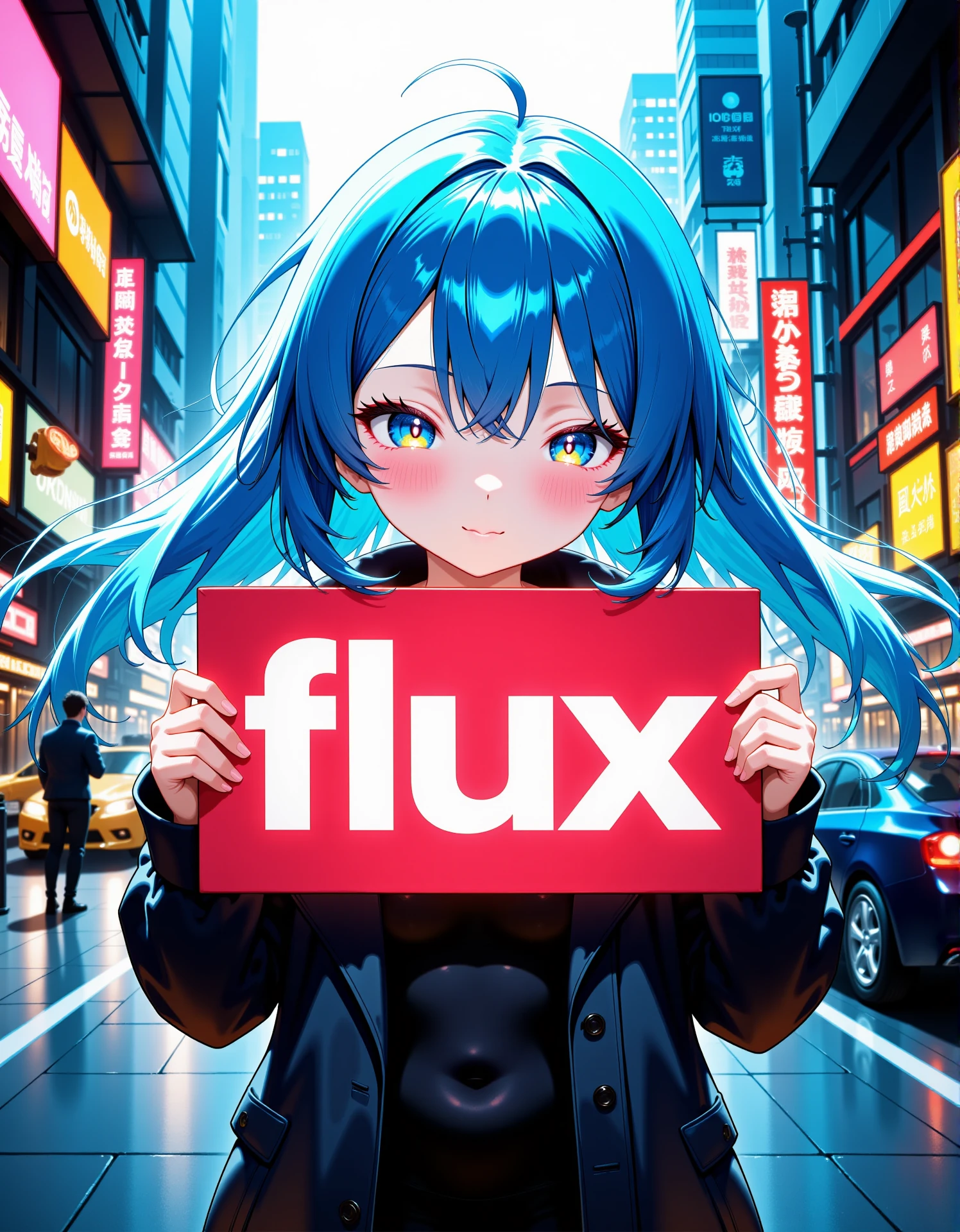 1girl with vibrant blue hair is looking directly at the viewer with a gentle expression. She stands in the middle of a lively urban street filled with tall buildings, neon signs, and bustling activity. In her hands, she holds a red sign with the word 'flux' written in bold white letters. Her hair flows softly in the breeze, and her bright eyes reflect the glow of the city lights around her. The scene is vibrant yet slightly mysterious, with cars passing by and pedestrians moving in the background. The contrast between the bustling city environment and the calm expression of the girl creates an intriguing and captivating atmosphere, masterpiece, best quality, ultra detailed, absurdres, high quality, amazing quality, perfect composition, incredibly absurdres, intricate details, very aesthetic, perfect hand,