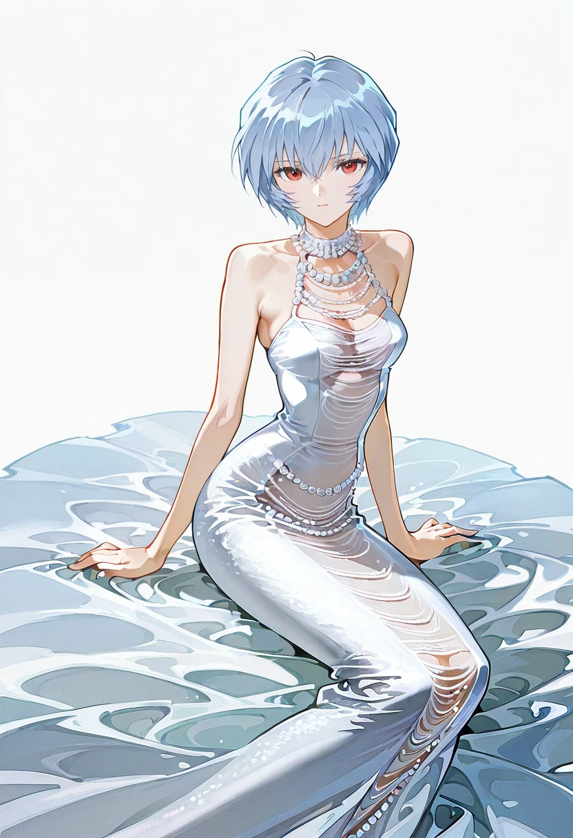 1girl,solo,looking at viewer,ikeda ruriko, pearl mermaid dress, white dress, jewelry, long dress, bare shoulders,ayanami_rei