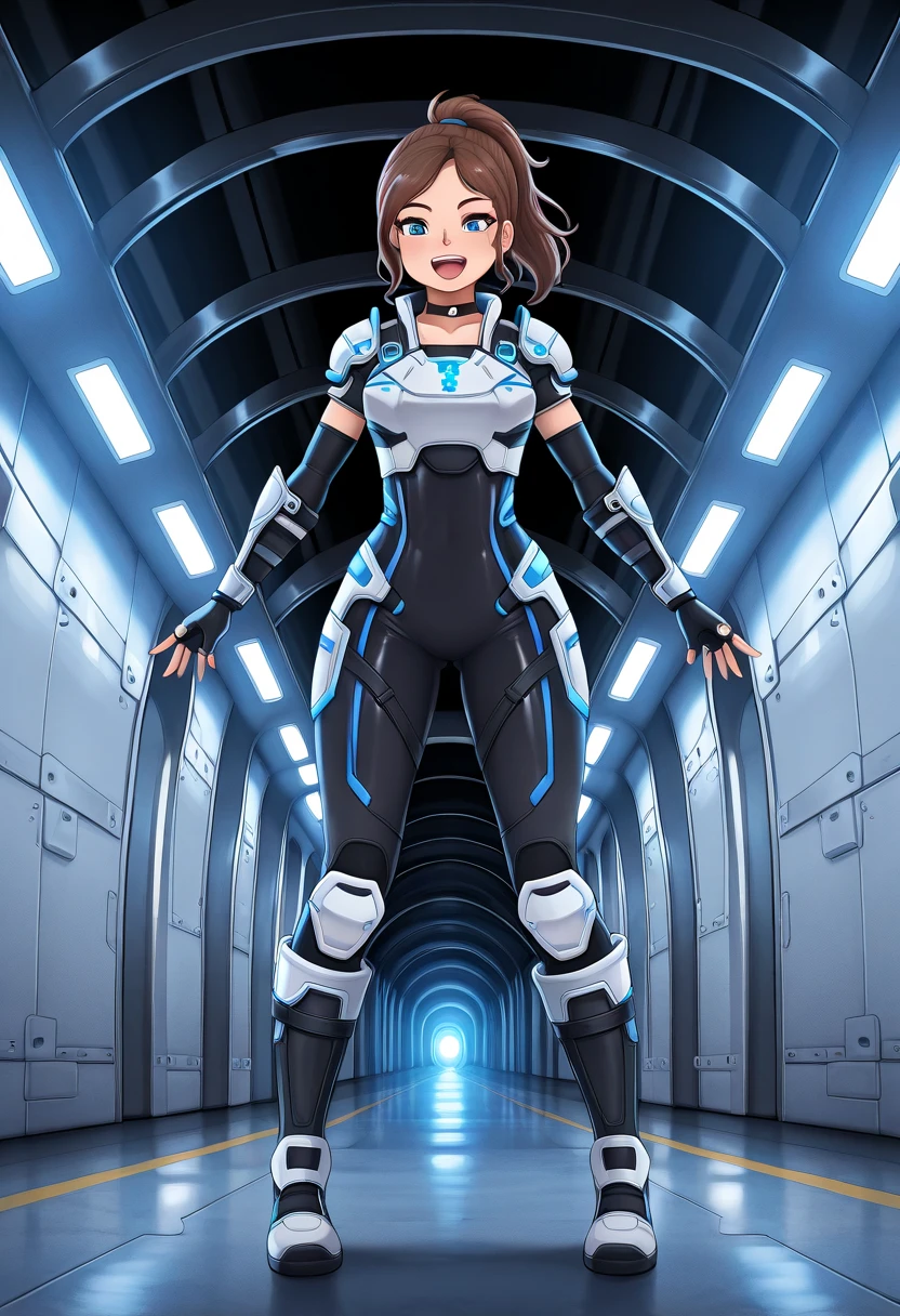 masterpiece,best quality,amazing quality,1girl,solo:1.2, <lora:SelacoDawnIllustrious:0.7>,selacodawn,brown hair,blue eyes,ponytail,armor,bodysuit,gloves,fingerless gloves,choker,boots,standing,full body,indoors,tunnel,happy,:d