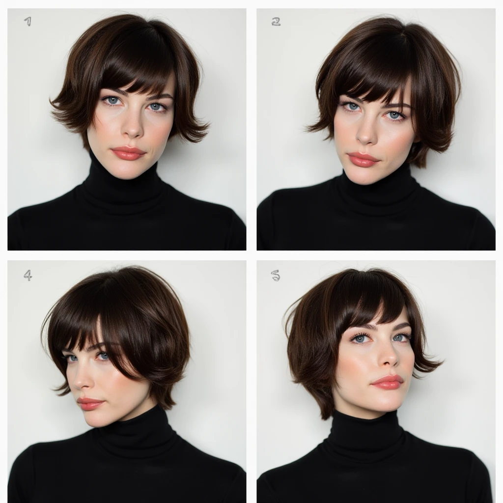 Contact sheet with 4 images of a woman with a messy short bob cut wearing a black turtleneck, <lora:Livtyler_FLUX_v1-merger_merger33_73_merger45_73_03_07:1.05>