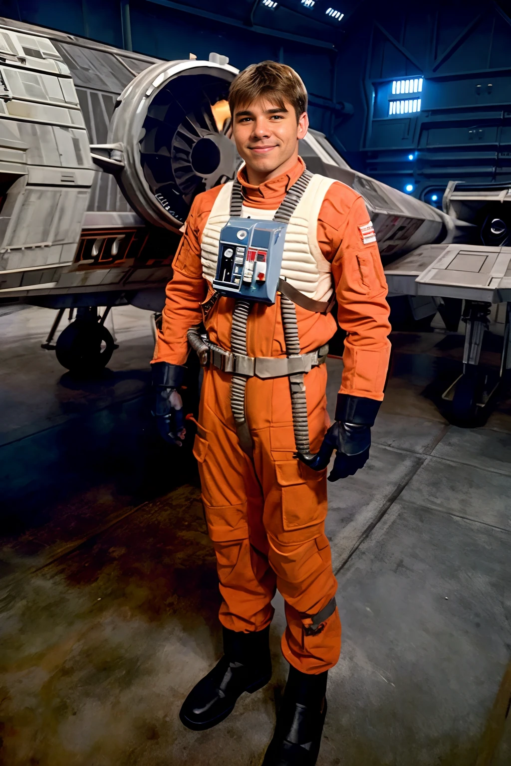 Star Wars, hangar of rebel base, standing in front of X-Wing fighter, Opash, rebel pilot suit, slight smile, holding helmet, (((medium body portrait))),  <lora:RPSV3:0.45>    <lora:Opash:0.85> <lora:starwars:0.25>