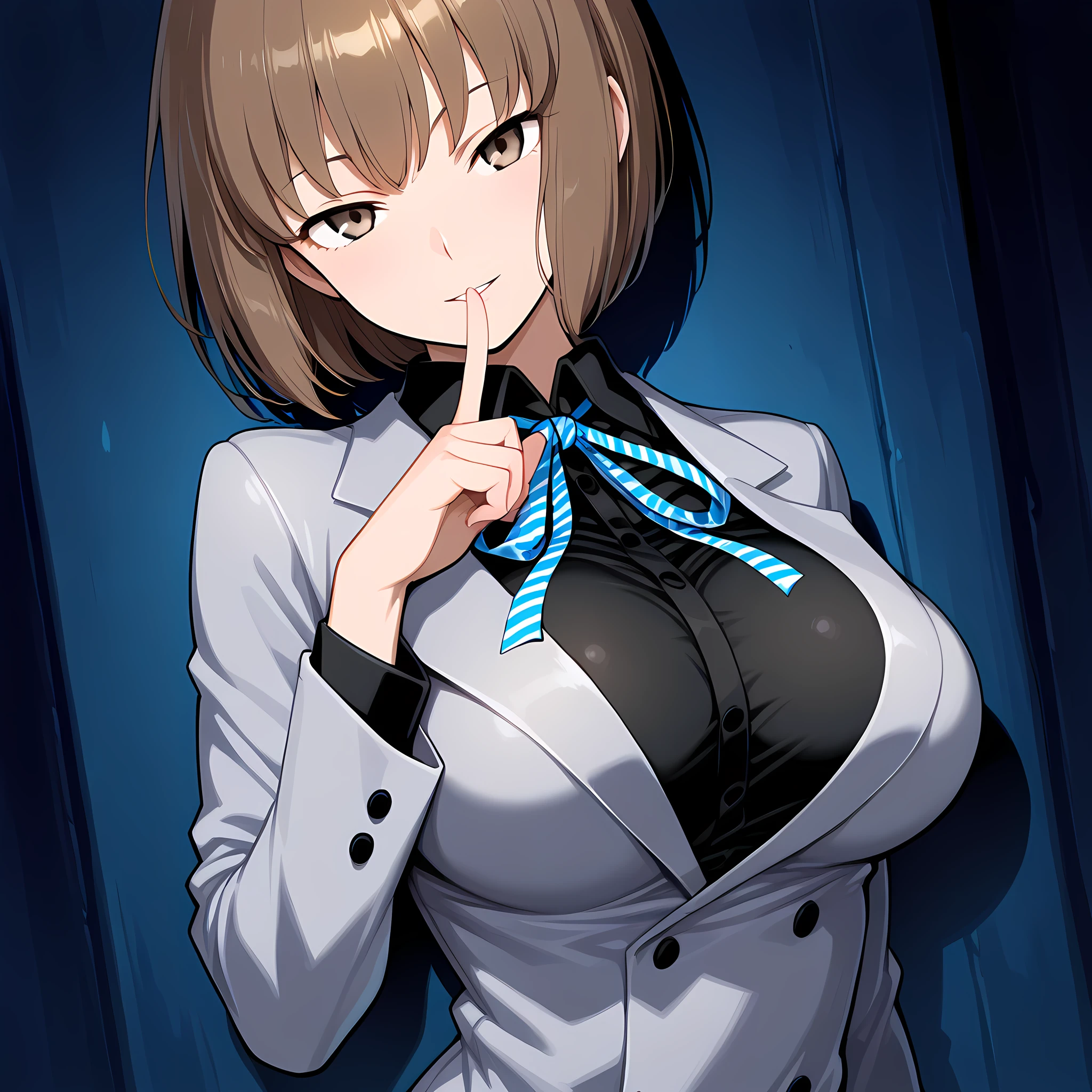 nitta_io(ds2), 1girl, solo, brown hair, short hair, large breasts, brown eyes, seductive smile, looking at viewer, ribbon, grey jacket, shushing, parted lip, finger to mouth, midnight, dark alleyway background<lora:NittaIo-IllustXL:1>, (masterpiece),(best quality),(ultra-detailed),(best illustration),(best shadow),(absurdres),(detailed background),(very aesthetic),