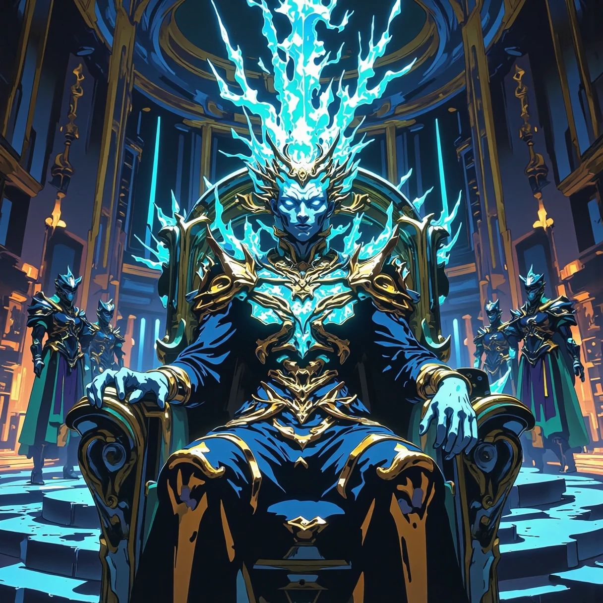 anime of An extraterrestrial royal figure in ornate bioluminescent attire, seated on a glowing crystalline throne in an alien palace with intricate architecture, surrounded by otherworldly courtiers and guards, ultra-realistic and luxurious.
