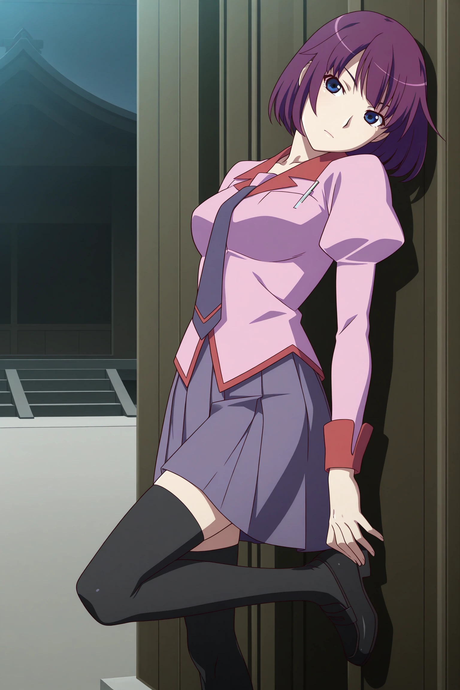 masterpiece, best quality, amazing quality, highres, absurdres, very aesthetic, high resolution, ultra detailed, perfect details, 1girl, solo, outdoors, shrine, medium breasts, hitagi senjougahara, bob cut, purple hair, blue eyes, long sleeves, puffy sleeves, pink shirt, untucked shirt, breast pocket, purple tie, purple skirt, pleated skirt, black thighhighs, zettai ryouiki, loafers, <lora:Hitagi_Senjougahara_ILXL:0.8>, (aged up:1.2), (foot out of frame:1.5), looking at viewer, expressionless, dim lighting, anime coloring, anime screencap, (pose:1.6), against wall, (head tilt:1.3), standing