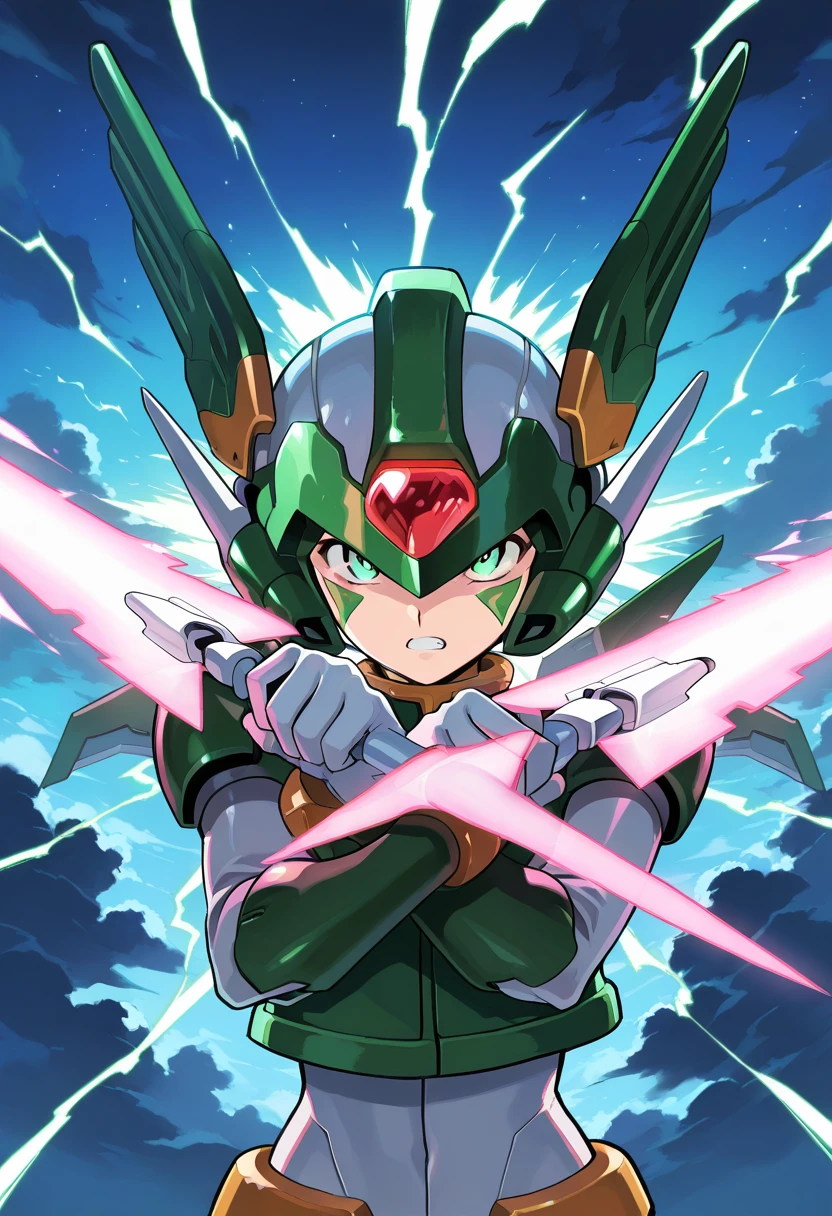 source anime,highly detailed,score 9,score 8 up,score 7 up, <lora:Sage_Harpuia:1> harpuia, solo, 1boy, sky, clouds, thunderbolt, thunder clouds, night, helmet, mechanical wings, forehead jewel, green eyes, (facial mark), crop top, white gloves, angry, dynamic pose, upper body, masterpiece, best quality, ((energy swords, dual wielding)), ((blocking))