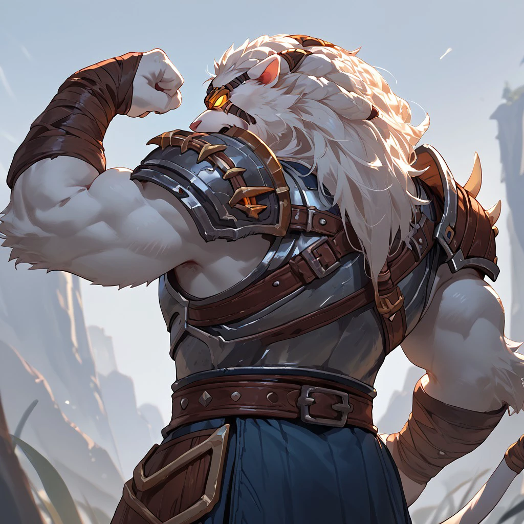score_9, score_8_up, score_7_up, score_6_up, Rengar, bara, eyepatch, glowing eyes, armor, back view, flexing,