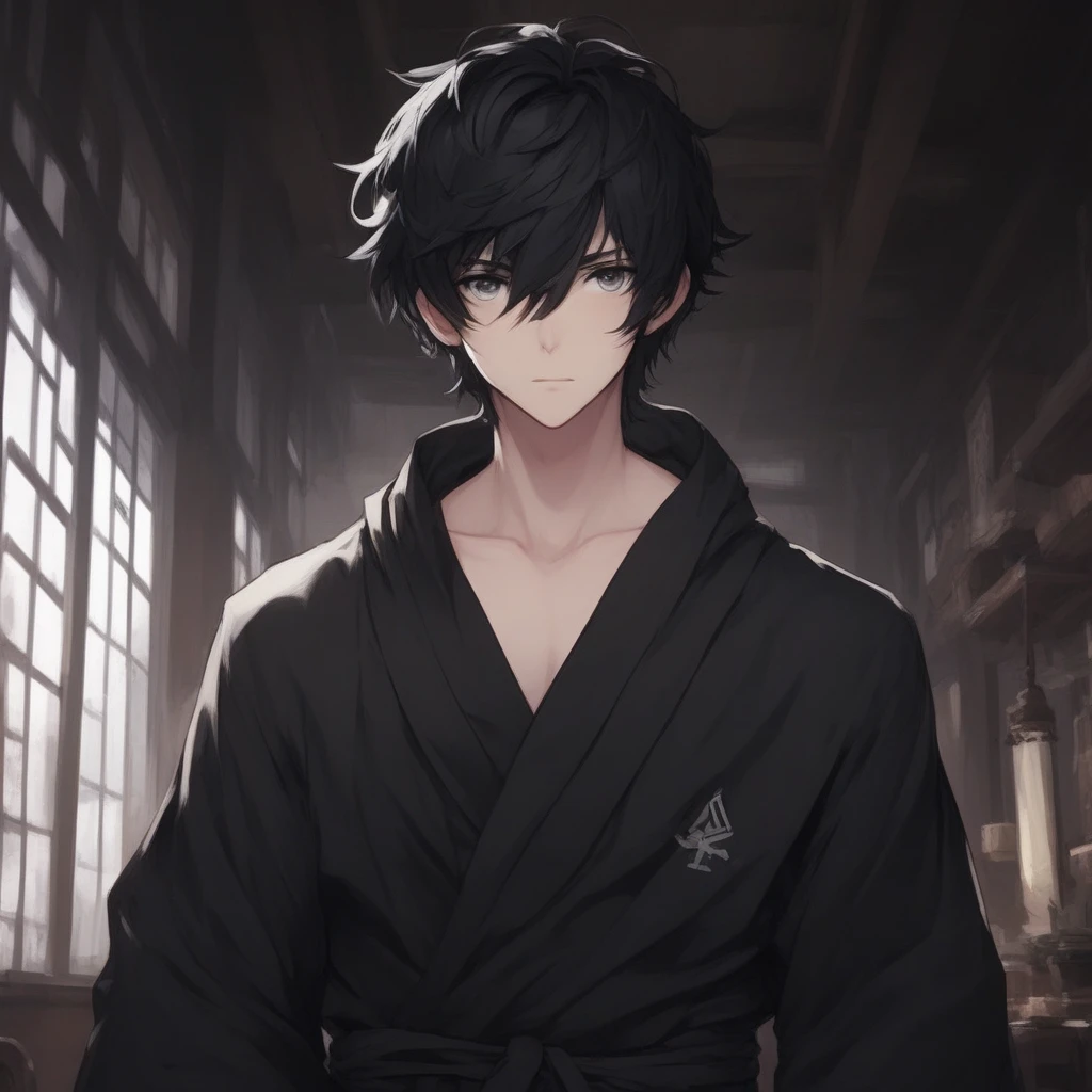 zack foster, long sleeves, closed mouth, robe, indoors, black hair, solo, short hair, 1boy, male focus, looking at viewer, Zack Foster