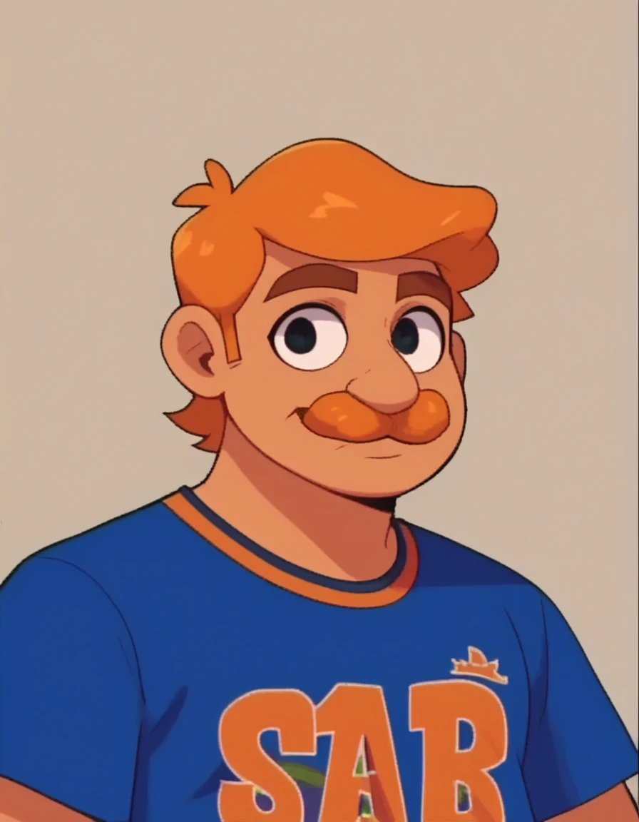 MBDGuySML, solo, brown hair, shirt, 1boy, upper body, male focus, black eyes, blue shirt, clothes sportswear, mustache, jersey, orange mustache, orange hair, tan skin, horror, screencap