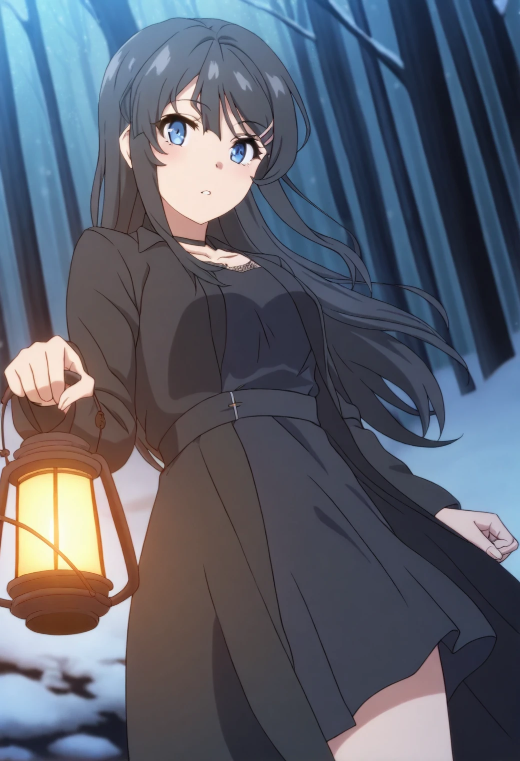 <lora:Mai Sakurajima - [Rascal Does Not Dream of Bunny Girl Senpai] - illustriousXL v1:1>, sysdeep_mai, blue eyes, black hair, long hair, hairclip, anime coloring, 1girl, solo, velvet dress, snowy forest, standing by lantern post, mysterious aura