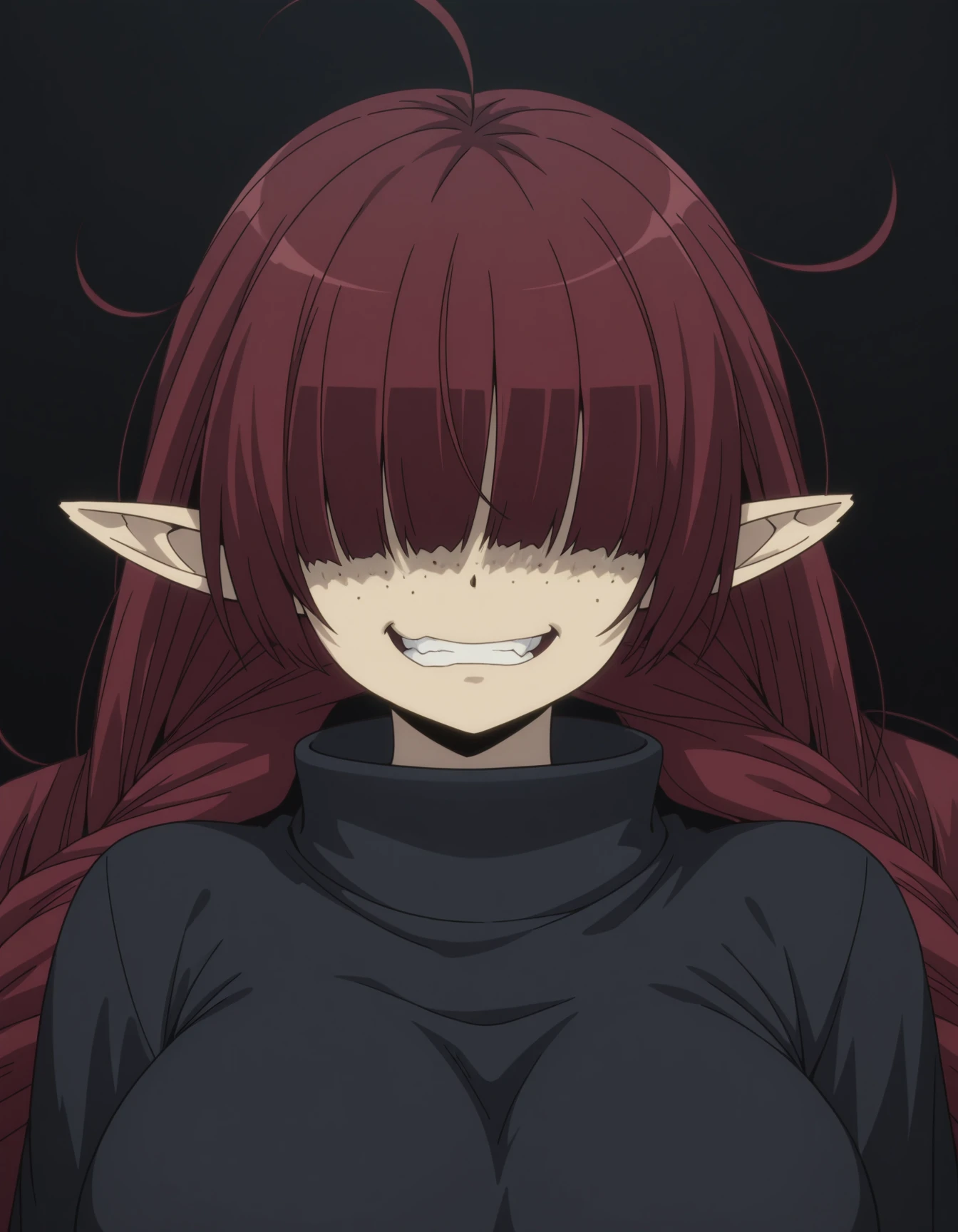 <lora:Majorca Abbott:1>,1girl,solo,freckles,pointy ears,red hair,hair over eyes,ahoge,twin braids,braids,long hair,dress,black dress,braid,open mouth,breasts,large breasts,robe,
portrait,smirk,open mouth,
simple black background,masterpiece,best quality,amazing quality,Clenched teeth,