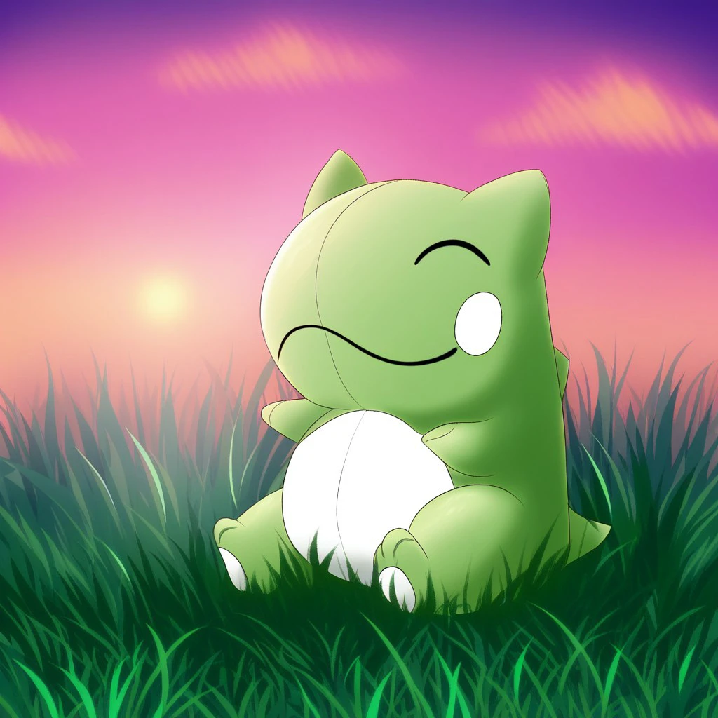 cute substituteplush, pokemon, sitting outside on grassy field, sunshine in sky, vibrant