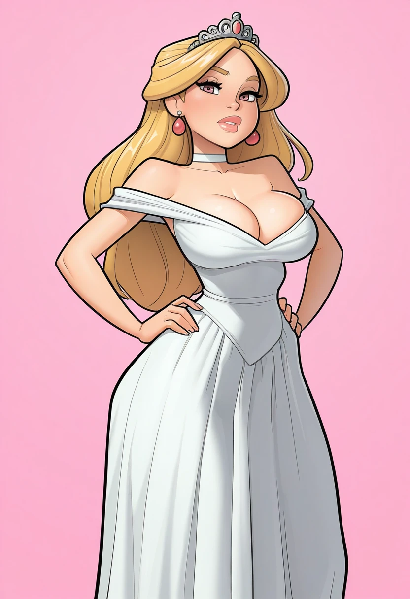 masterpiece, best quality,
<lora:jab:1> J0t44b, 1girl, solo,standing,looking at viewer,blonde hair, long hair,large breasts, narrow waists,tiara, choker, earrings,dress, white dress, long dress, cleavage,pink background, simple background,