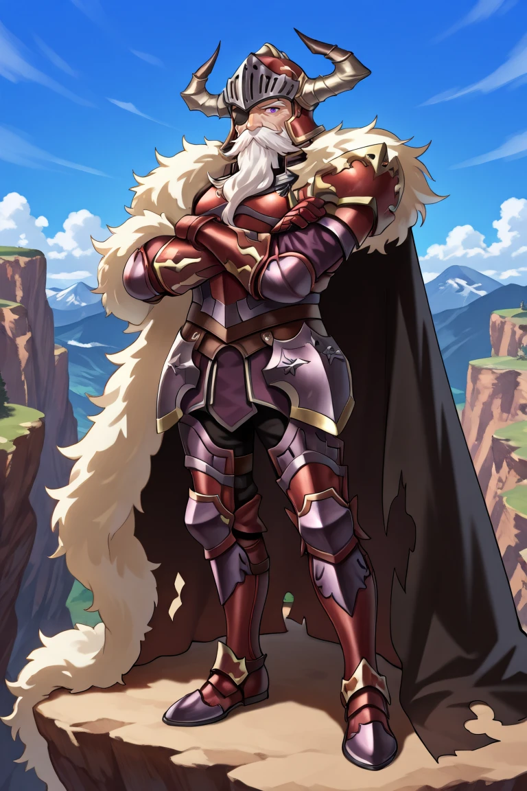 <lora:BaldusIL:0.8> , BldsDef, 1boy, purple eyes, white hair, beard, facial hair, mustache, eyepatch, horns, helmet, horned helmet, fake horns, armor, greaves, gauntlets, fur pauldrons, fur shawl, black cape, cape, torn cape, old, old man, crossed arms, standing on a cliff overlooking mountains, solo, masterpiece, very aesthetic, absurdres, best quality, amazing quality, high resolution, detailed background,  <lora:illustrious_quality_modifiers_masterpieces_v1:0.8> ,