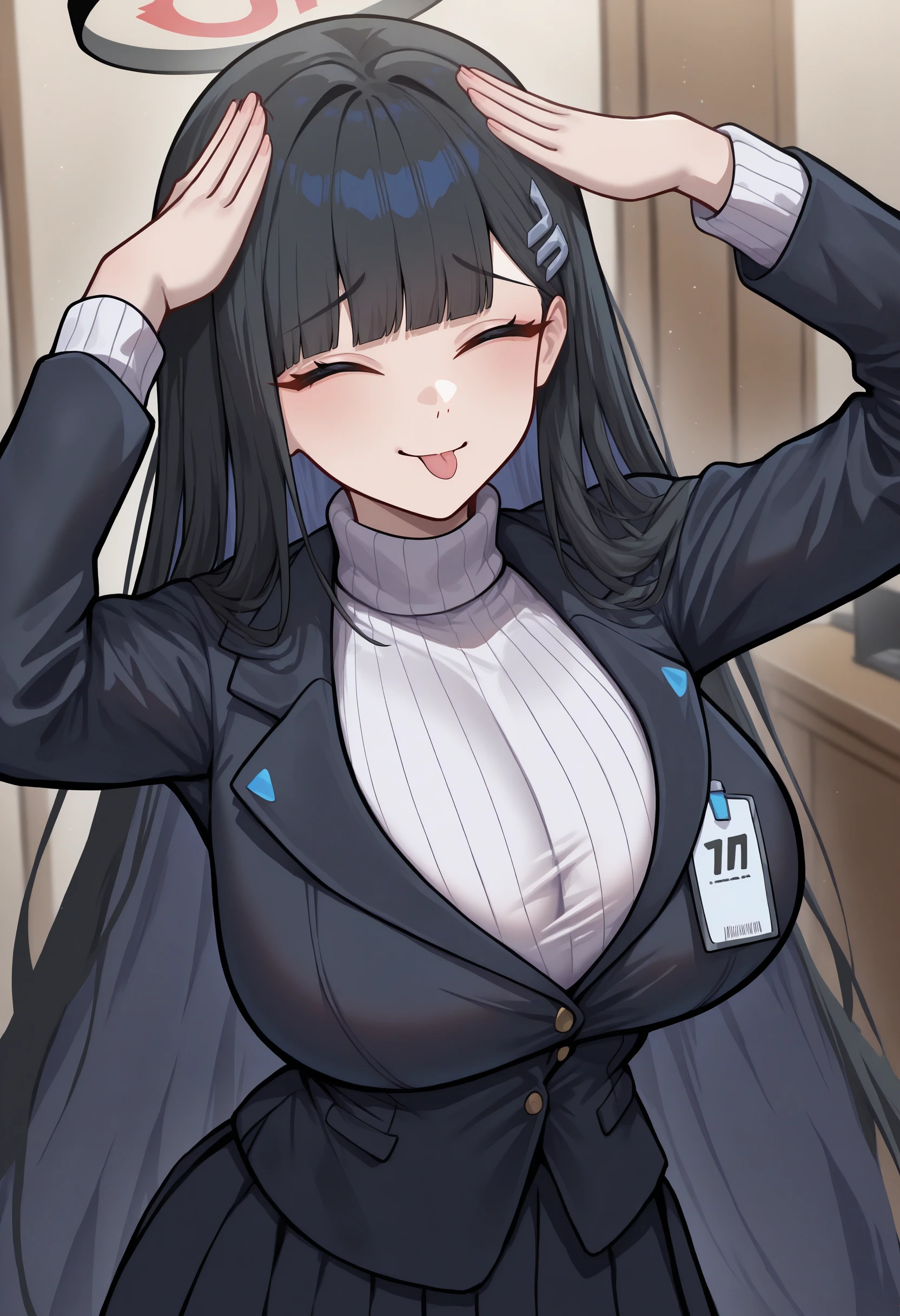 masterpiece, best quality, newest, absurdres, highres, AhEtoBlehMeme, closed eyes, tongue out, :p, hands on own head, smile,  <lora:AhEtoBlehMeme_illusXLNoobAI_Incrs_v1-000008:1>, upper body, indoors, <lora:Hoseki_BlueArchive_RioTsukatsuki_IllustriousXL_v1:0.8> r1o, halo, black hair, very long hair, blunt bangs, large breasts, hair ornament, black jacket, id card, turtleneck, ribbed sweater, white sweater, black skirt, pleated skirt, black pantyhose, thigh holster, turtleneck, ribbed sweater, white sweater, black skirt, pleated skirt