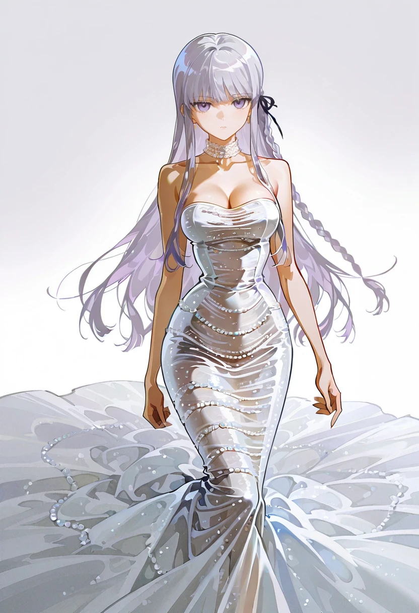 1girl,solo,looking at viewer,ikeda ruriko, pearl mermaid dress, white dress, jewelry, long dress, bare shoulders,kirigiri_kyoko