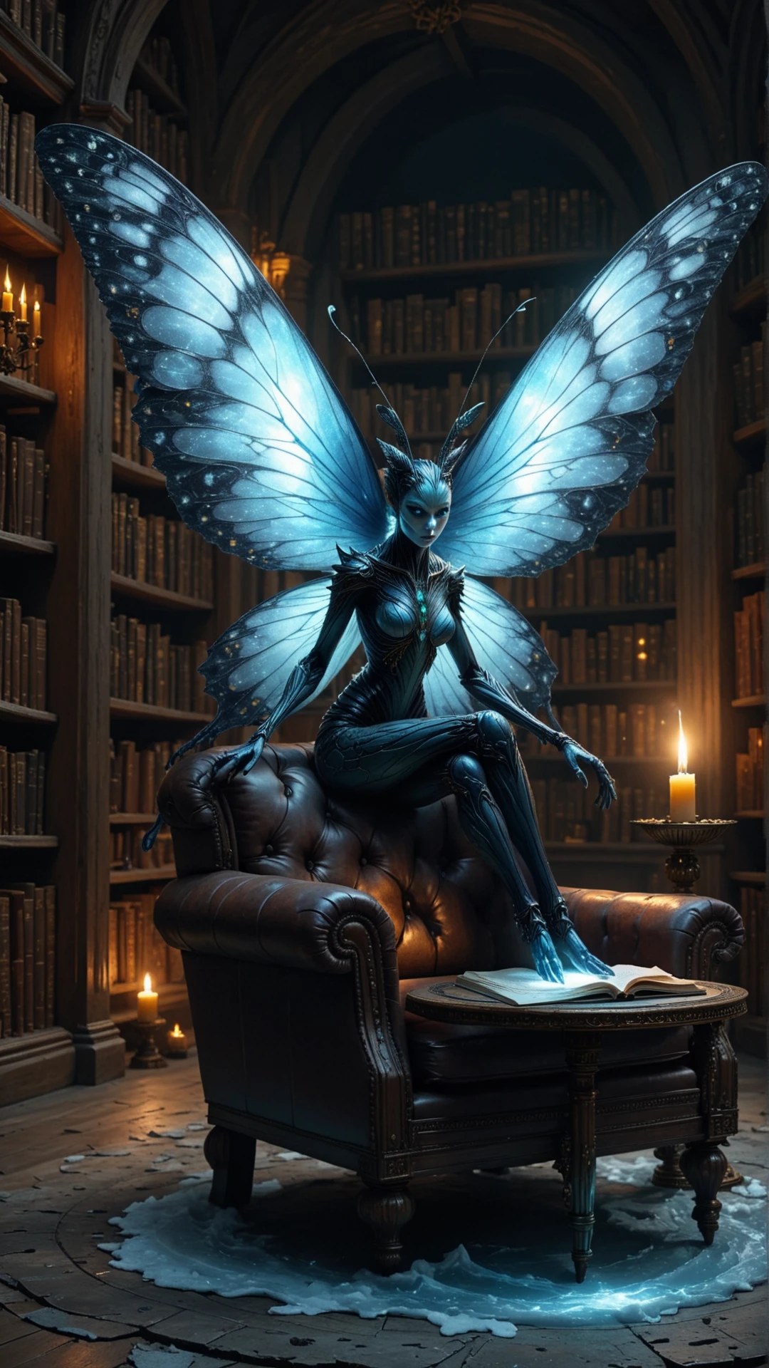 <lora:InsectHybridSDXL:1>human, hybrid, insecthybrid butterfly, the hybrid is a woman, in location gothic-style library with dark wood shelves, a cozy armchair, and a single flickering candle, portrait, Flying cartwheel, Glacier Warrior, humanoid