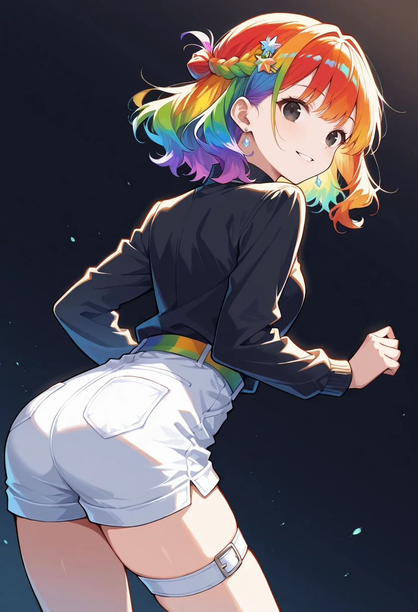 masterpiece, best quality, perfect anatomy, very aesthetic, ((outlined outlined vector graphics)),no norm,close up, back view, , cute face, (glow eyes:0.8), looking at viewer, glittering, glimmering, black theme, 1girl,20yo, rainbow hair, black eyes, log hair, hair pin,small breast, slender,(white thigh strap:1.1),(black clohtes:1.1), , jewelry, earrings, parted lips,, long sleeve, action pose , smile, (clothed:1.2)
<lora:rainbow-hair-il-01:1>