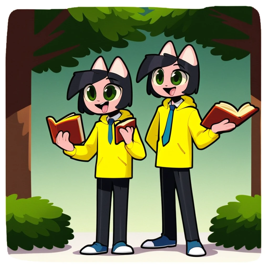 yellow hoodie, lisris, book, tongue, holding, necktie, open mouth, formal, tree, full body, green eyes