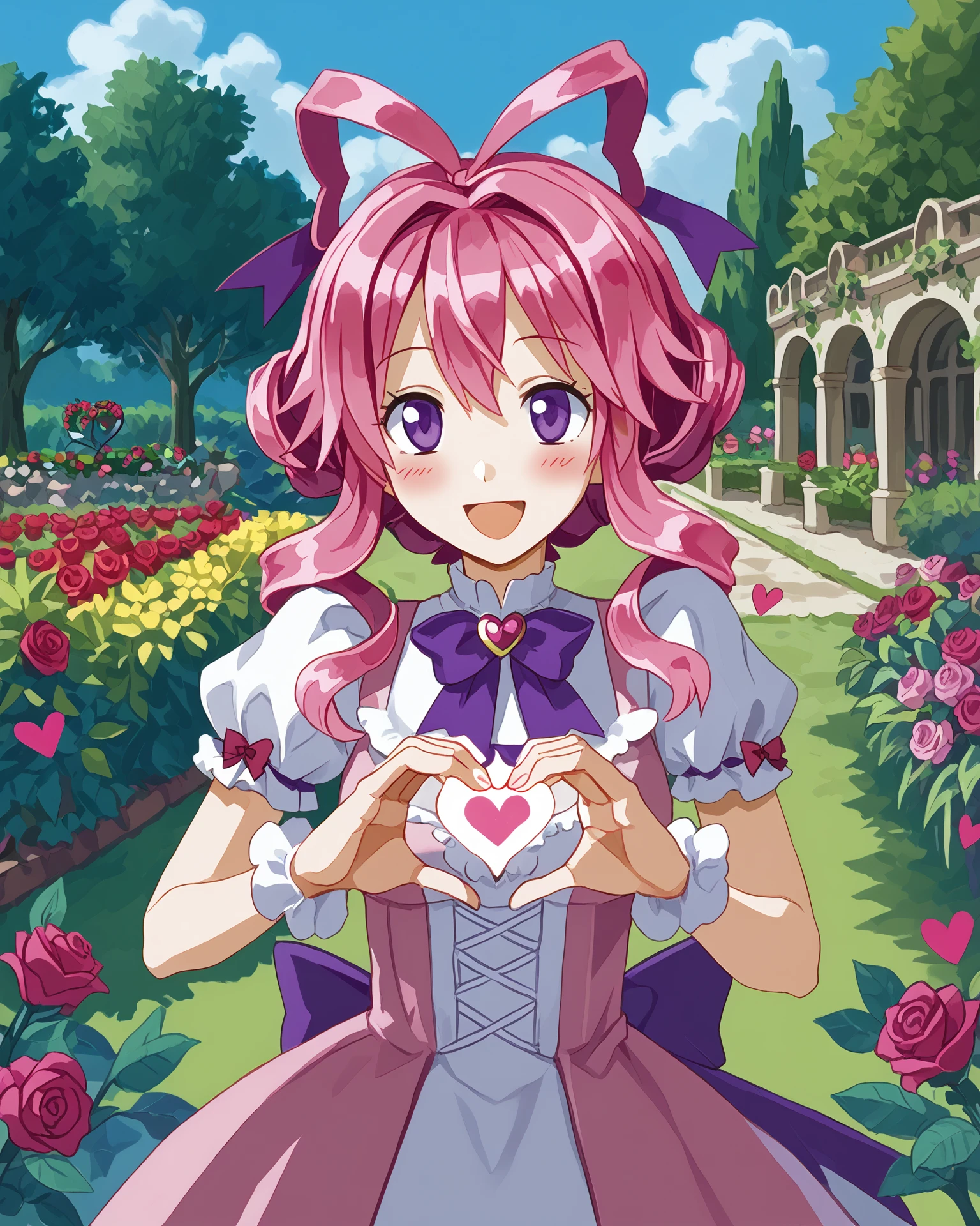 1girl, magal, pink hair, purple eyes, heart hands, happy, ribbons, very detailed clothing, magal clothing, glittering roses, jacquard fabric, garden, rose bushes, masterpiece, highest quality, absurdres, digital art, very detailed, score_9, score_8_up, score_7_up,  <lora:MagicalGirl_XL:1.1>,  <lora:harada_takehito_PDXL:1> harada takehito