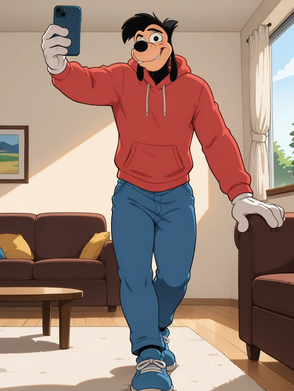 <lora:Max-Goof-Illustrious:1>,max-goof, solo, 1boy, male focus, black eyes, white gloves, full body, furry male,,high quality, detailed, furry, male, solo male, broad shoulders, mature male, athletic build, stubble, anthro, anthro male, bottom heavy, grinning, looking at viewer, hands in front pocket, red hoodie, blue jeans, bust shot, half-body shot, living room, high quality , blue shoes,naughty face, taking a selfie,