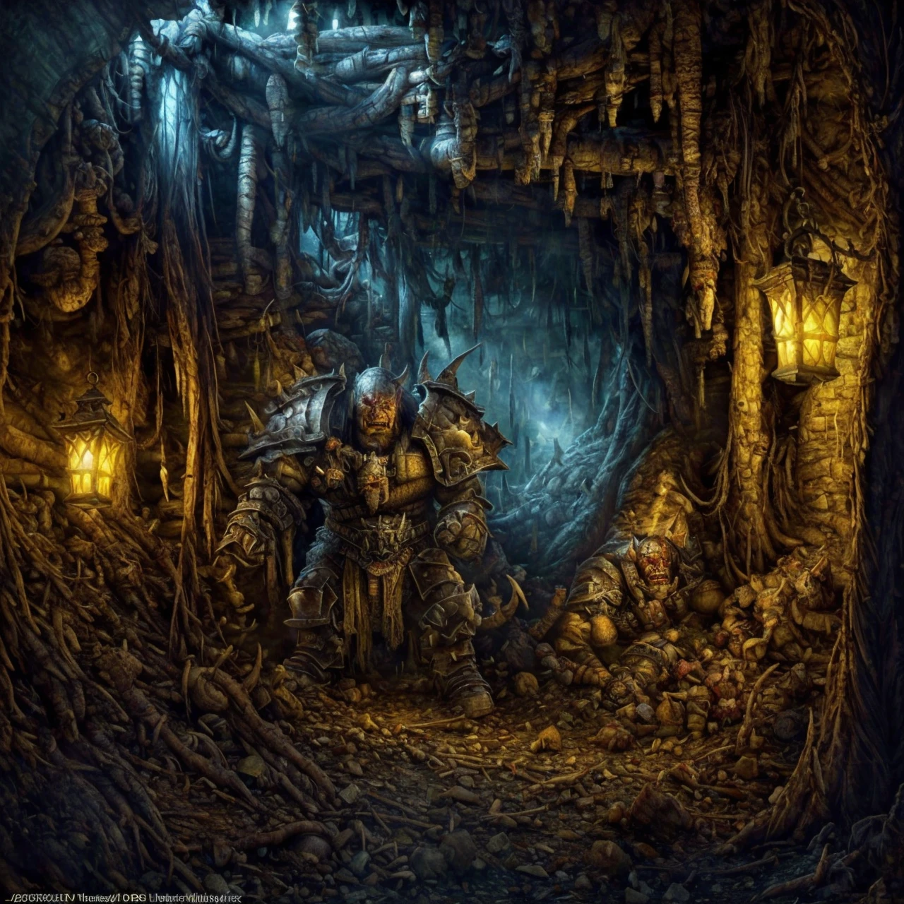 RAW photo, (masterpiece:1.3), subsurface scattering, heavy shadow, (high quality:1.4), (intricate, high detail:1.2), professional photography, HDR, High Dynamic Range, realistic, ultra realistic, photorealistic, high resolution, film photography, ambient lighting, atmospheric effects, <lora:detail_slider_v4:2>, OverallDetail, OrcW, <lora:OrcWarrior1:1>, a sinister and dark male orc warrior, <lora:zoom_slider_v1:1>, in the style of Warhammer fantasy, World of Warcraft, in an abandoned fantasy medieval mine, interior, underground, lantern, mine, overgrown, shaft, gems, crystals, scenery, <lora:Underground_Mine:0.6>, undmi, epiCPhoto