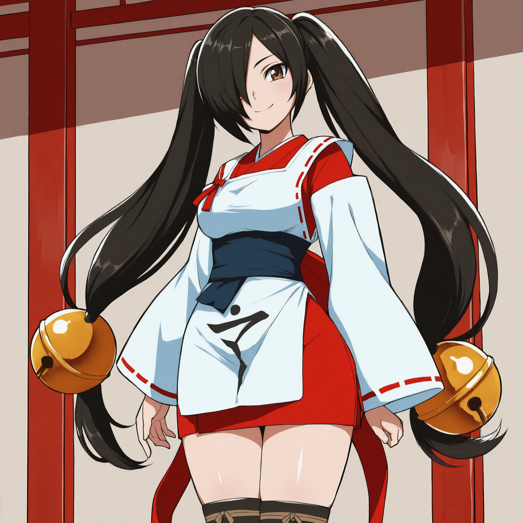 best quality,(2020 anime style,anime face:1.4),(1girl,solo:1.2),Kagura,miko,black hair,very long twintails,hair low-tied ball bell,hair over right eye,long wide ribbon-trimmed white sleeves,japanese clothes,sash,behind waist long ribbon,black toeless thighhighs,apron black text,medium breasts,<lora:Kagura_IL> BREAK
cowboy_shot,smile,brown eyes,(japanese room:1.2),