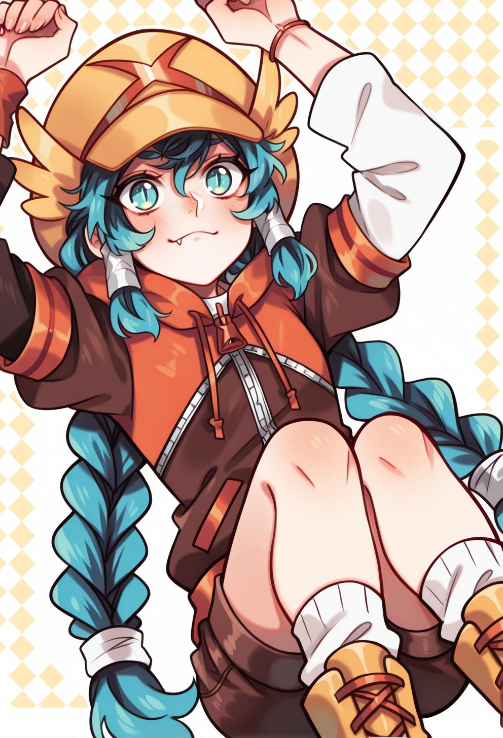 masterpiece, best quality, high quality, anime, <lora:AEMelIllx:1>AEMel, aqua eyes, slit pupils, blue hair, twin braids, sidelocks, hair tubes, very long hair, yellow hat, Brown hoodie, layered sleeves, short over long sleeves, white sleeves, zipper, bracelet, Orange wristband, single wristband, Brown shorts, White socks, yellow boots, fang out,   <lora:AESTYLEM:1.25> solid eyes,