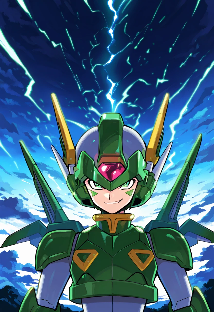 source anime,highly detailed,score 9,score 8 up,score 7 up, <lora:Sage_Harpuia:1> harpuia, solo, 1boy, sky, clouds, thunder, thunderbolt, thunder clouds, night, helmet, mechanical wings, forehead jewel, green eyes, (facial mark), crop top, white gloves, smirk, upper body, masterpiece, best quality